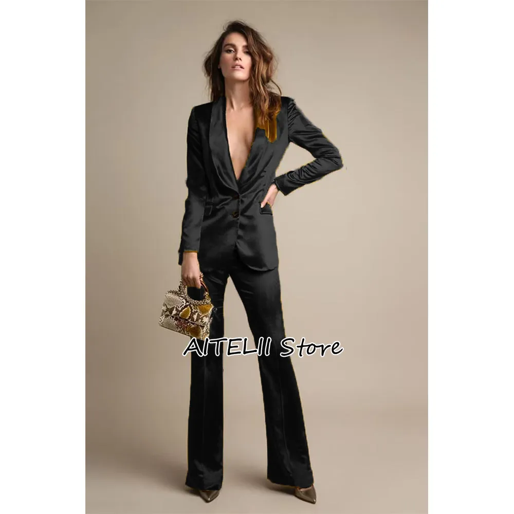 3 Piece Sets Blazer Pants Suits Women Black Bling Single Button Long Blazer Flared Pants Formal Sets High Quality