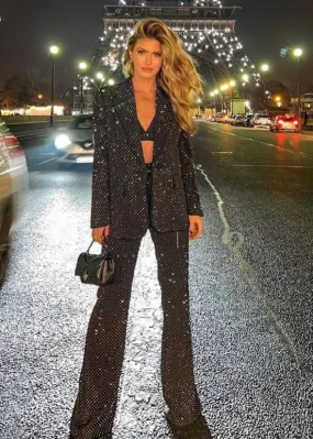 3 Piece Sets Blazer Pants Suits Women Black Bling Single Button Long Blazer Flared Pants Formal Sets High Quality