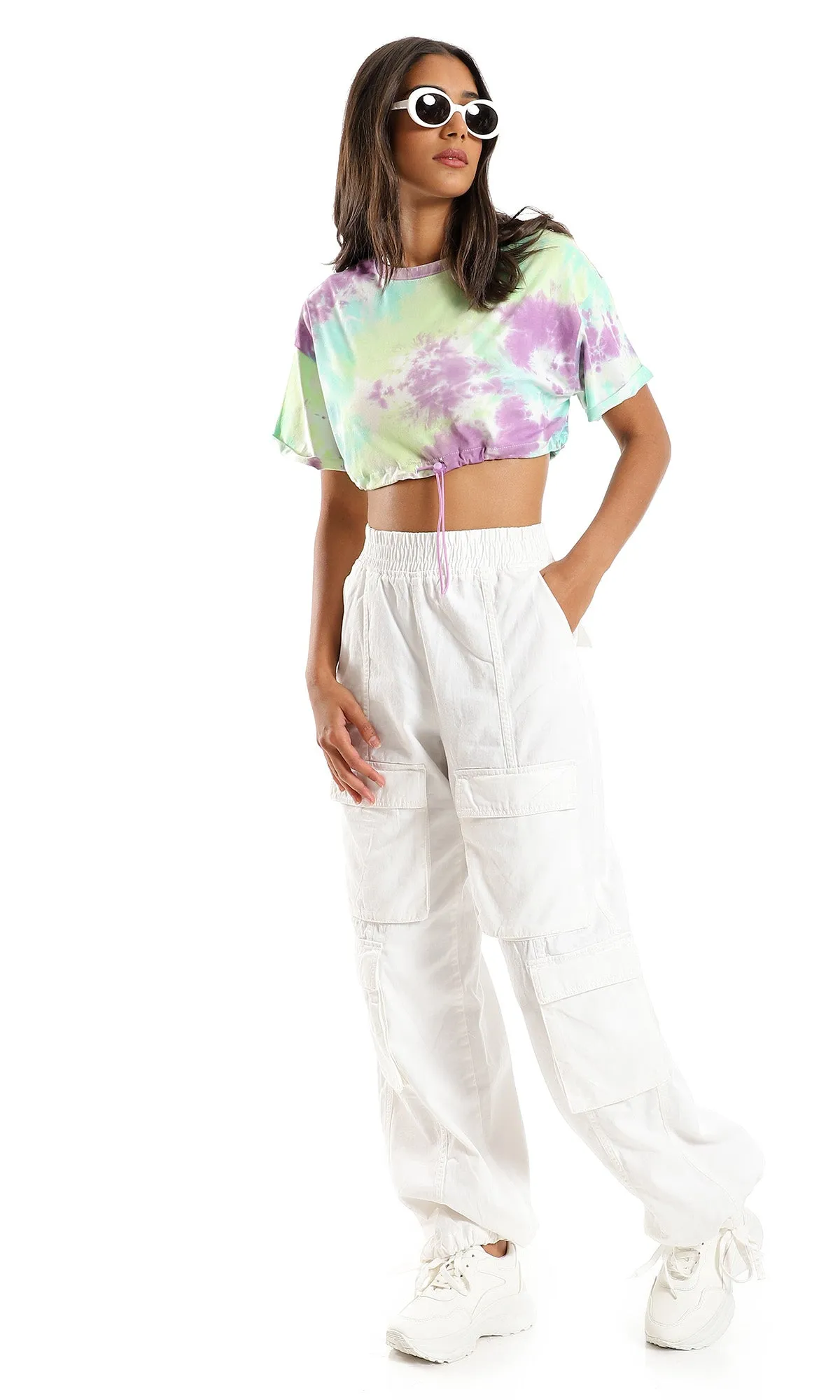 97252 Tie Dye Cotton T-Shirt With Drawstring Trim - Purple & Lime Green