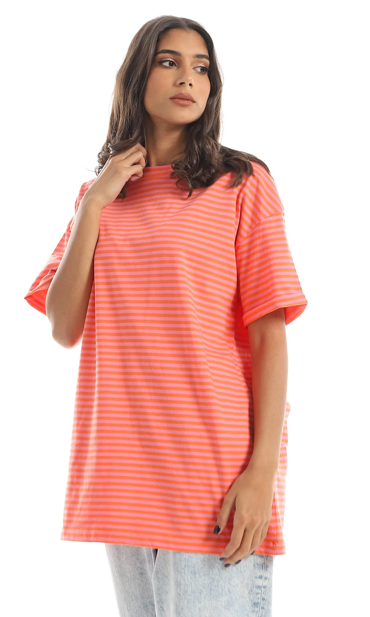 97622 Striped Loose Short Sleeves Orange & Pink Tee