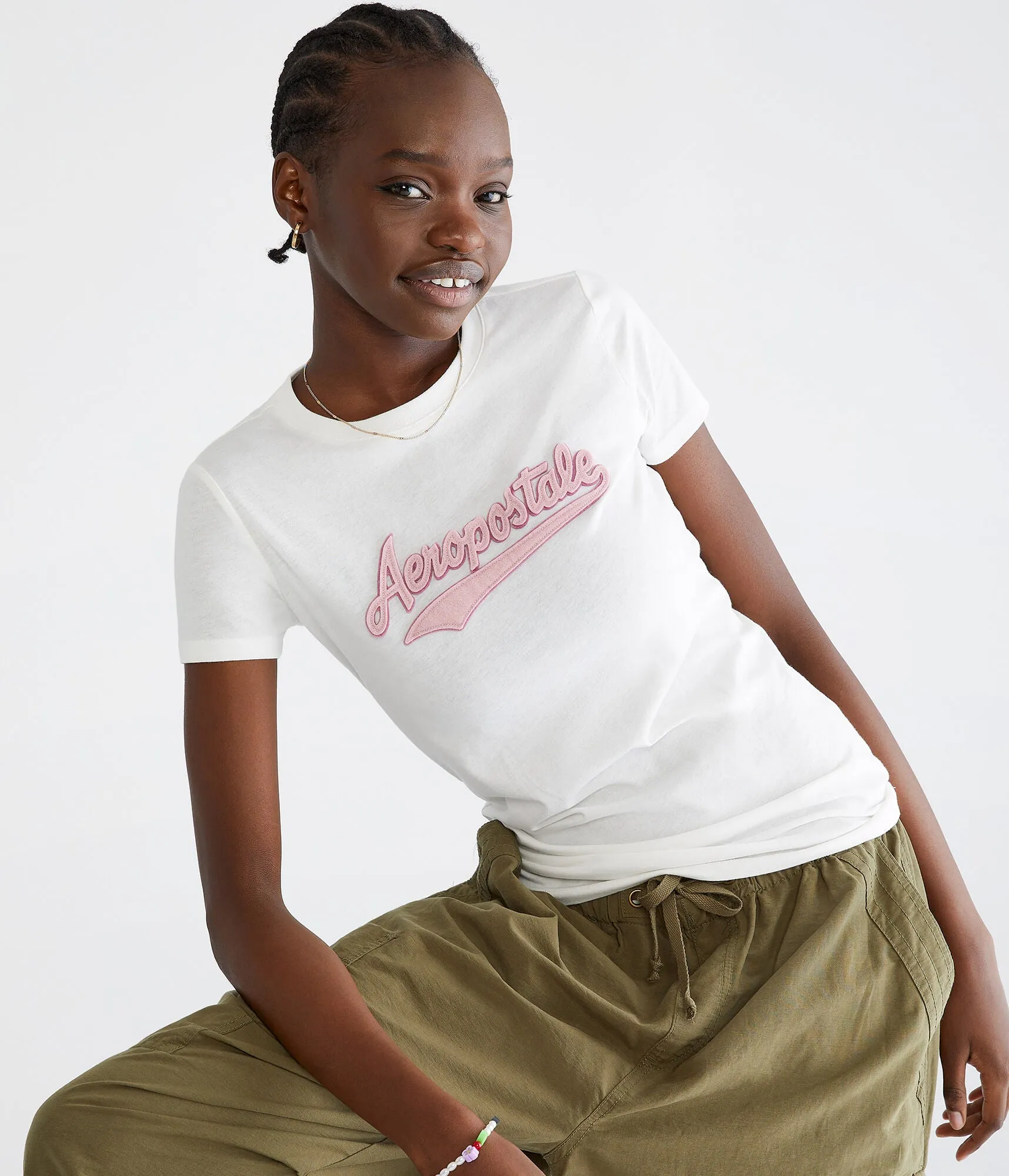 Aeropostale Womens' Aeropostale Script Logo Applique Graphic Tee - White - Size S - Cotton - Teen Fashion & Clothing Cream