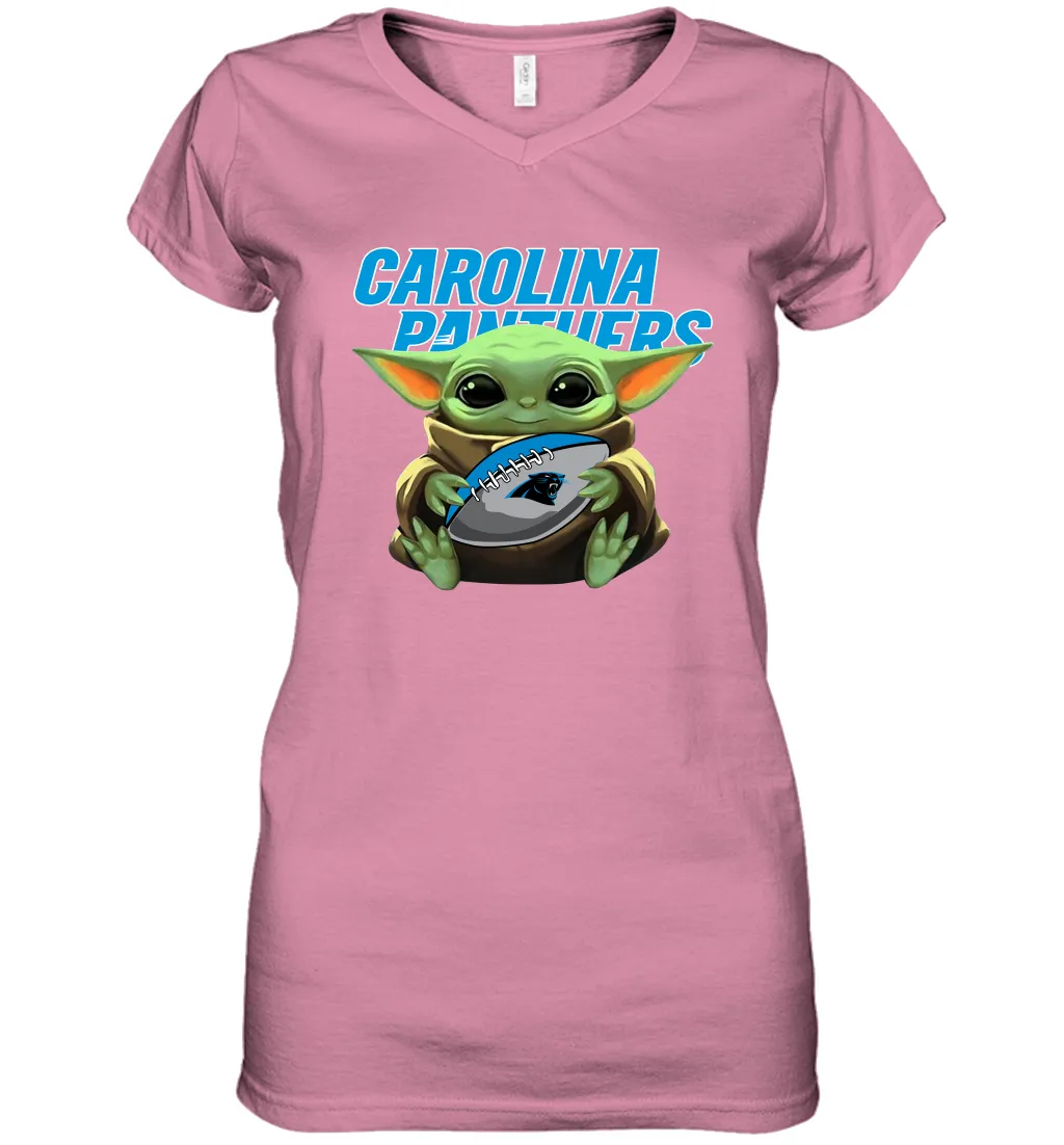 Baby Yoda Loves The Carolina Panthers Star Wars Baby Yoda Hugs Panthers NFL Womens V-Neck T-Shirt