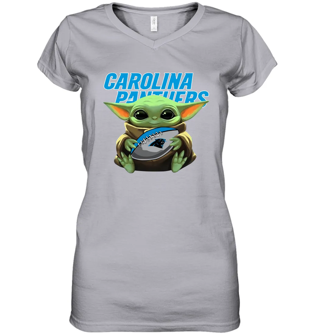 Baby Yoda Loves The Carolina Panthers Star Wars Baby Yoda Hugs Panthers NFL Womens V-Neck T-Shirt