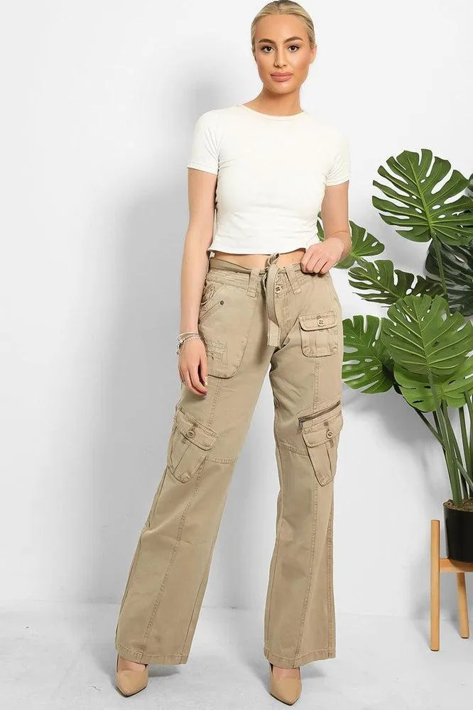 Belted Waistband Utility Pockets Cargo Trousers