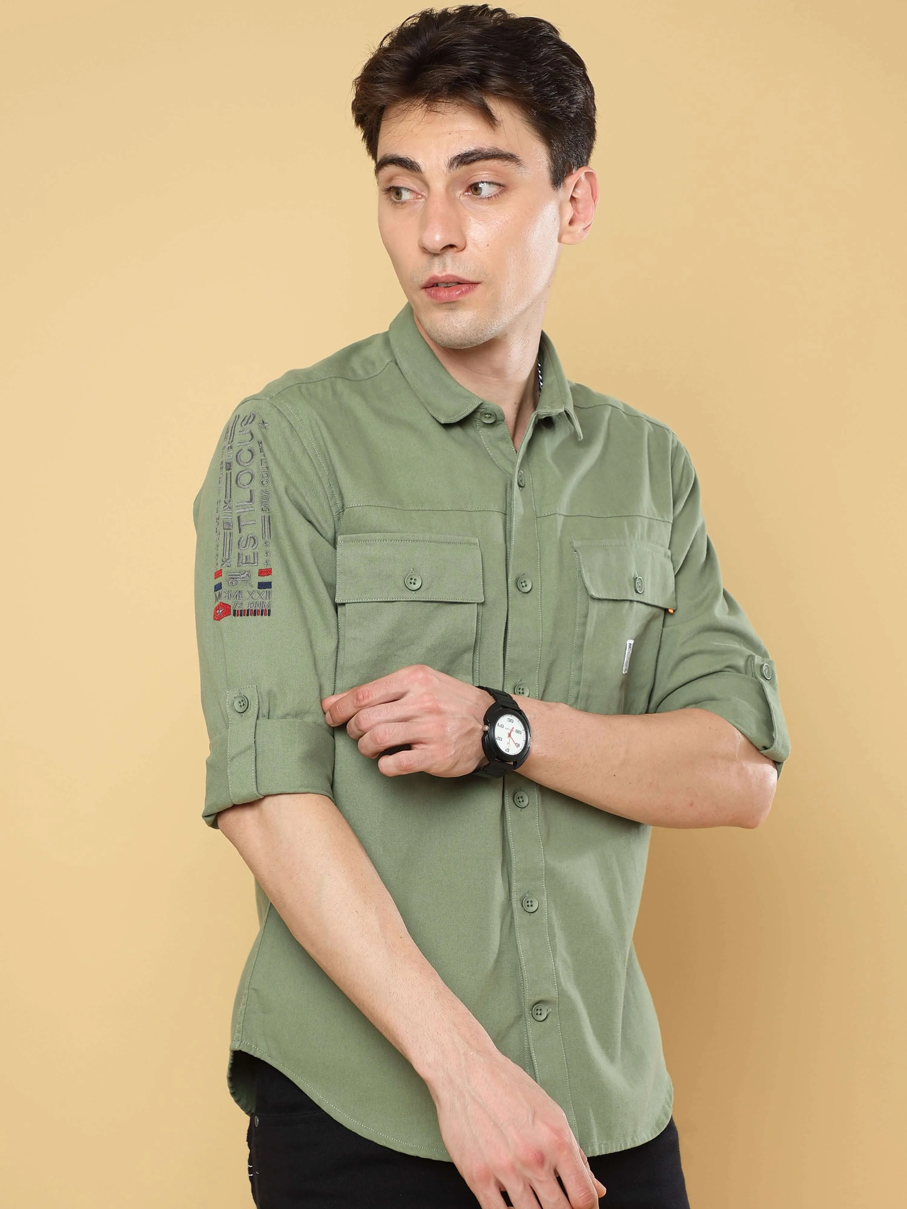 Crocodile Green Cargo Double Pocket Full Sleeve Shirt