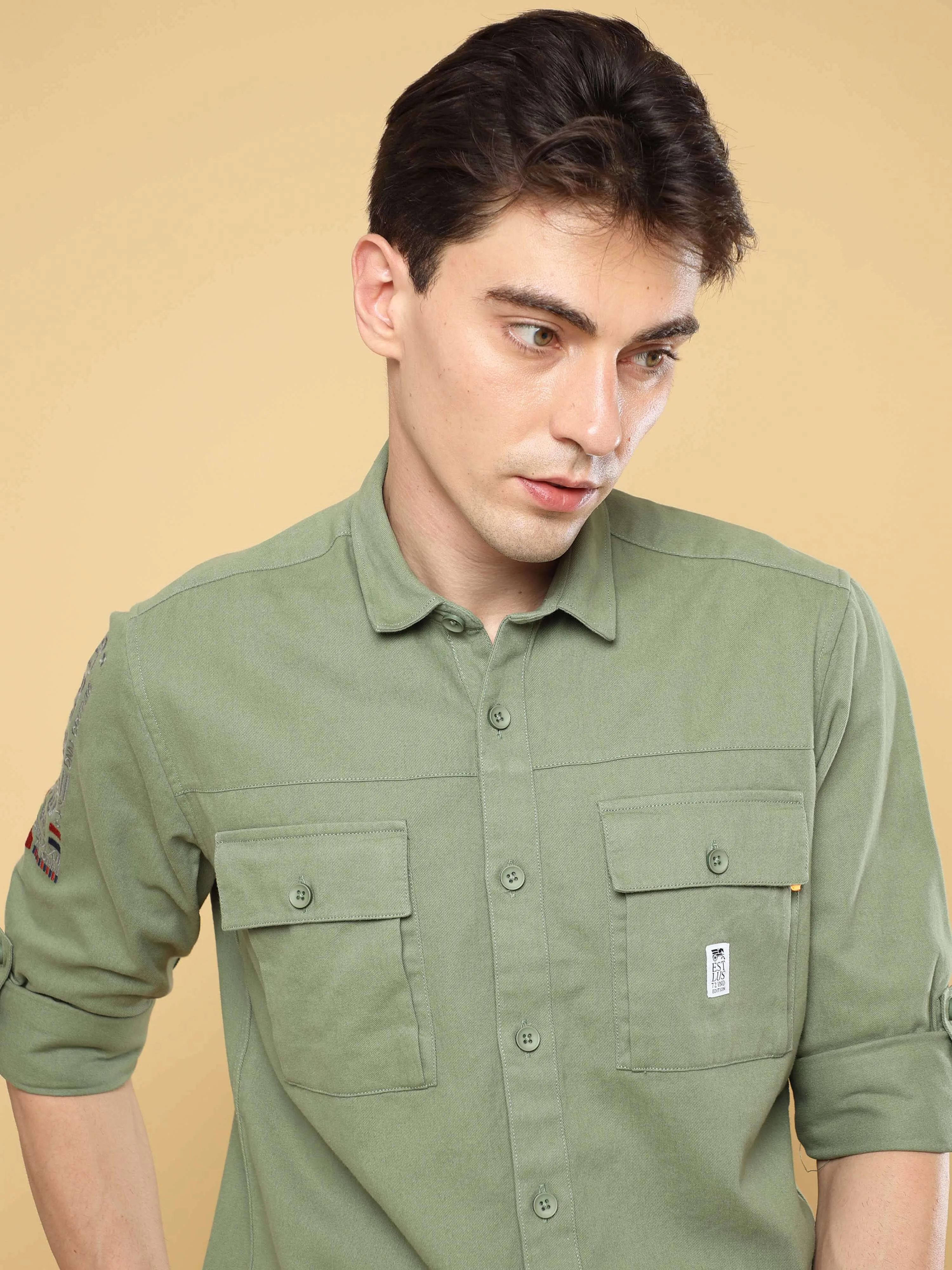 Crocodile Green Cargo Double Pocket Full Sleeve Shirt