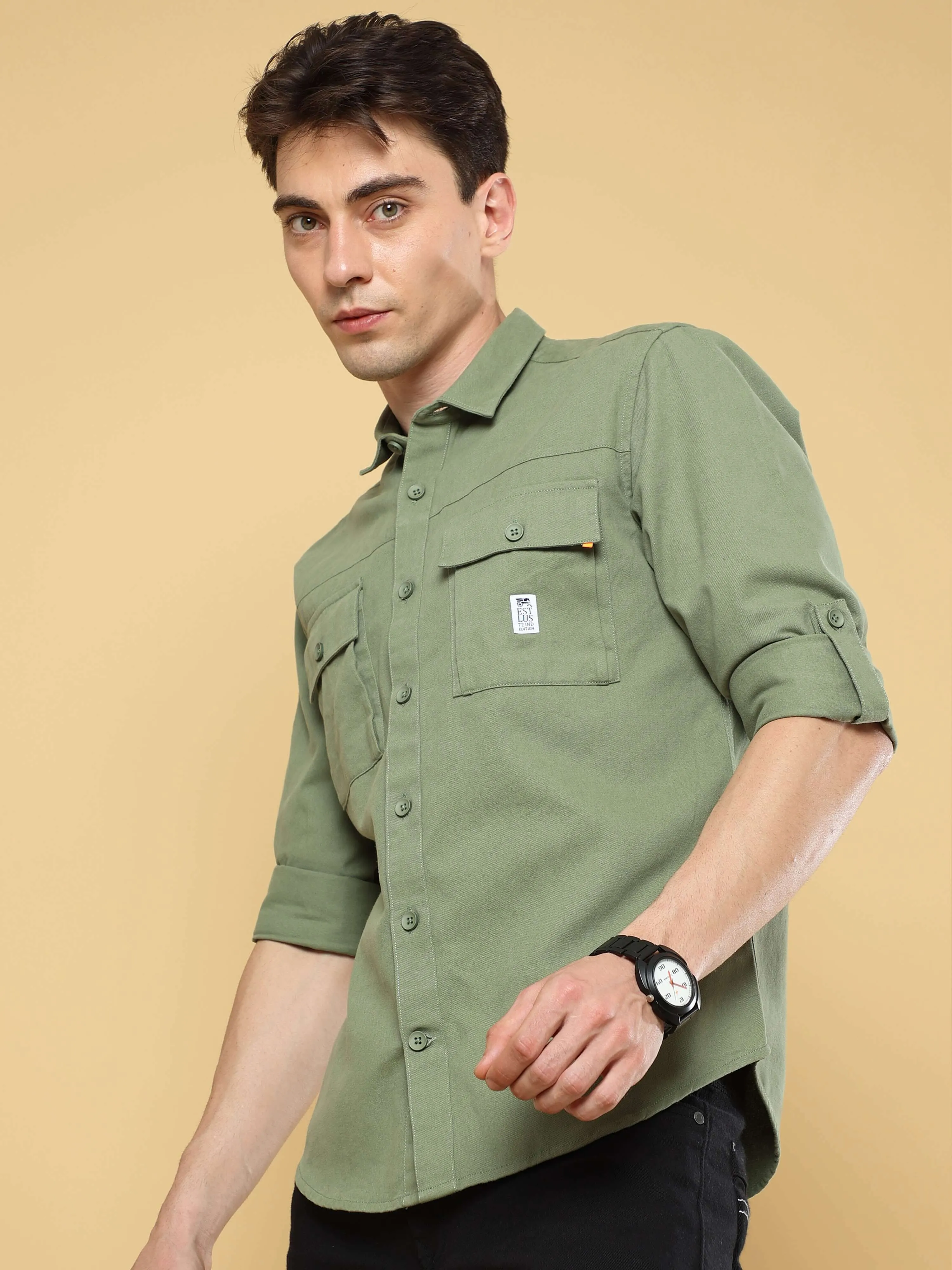 Crocodile Green Cargo Double Pocket Full Sleeve Shirt