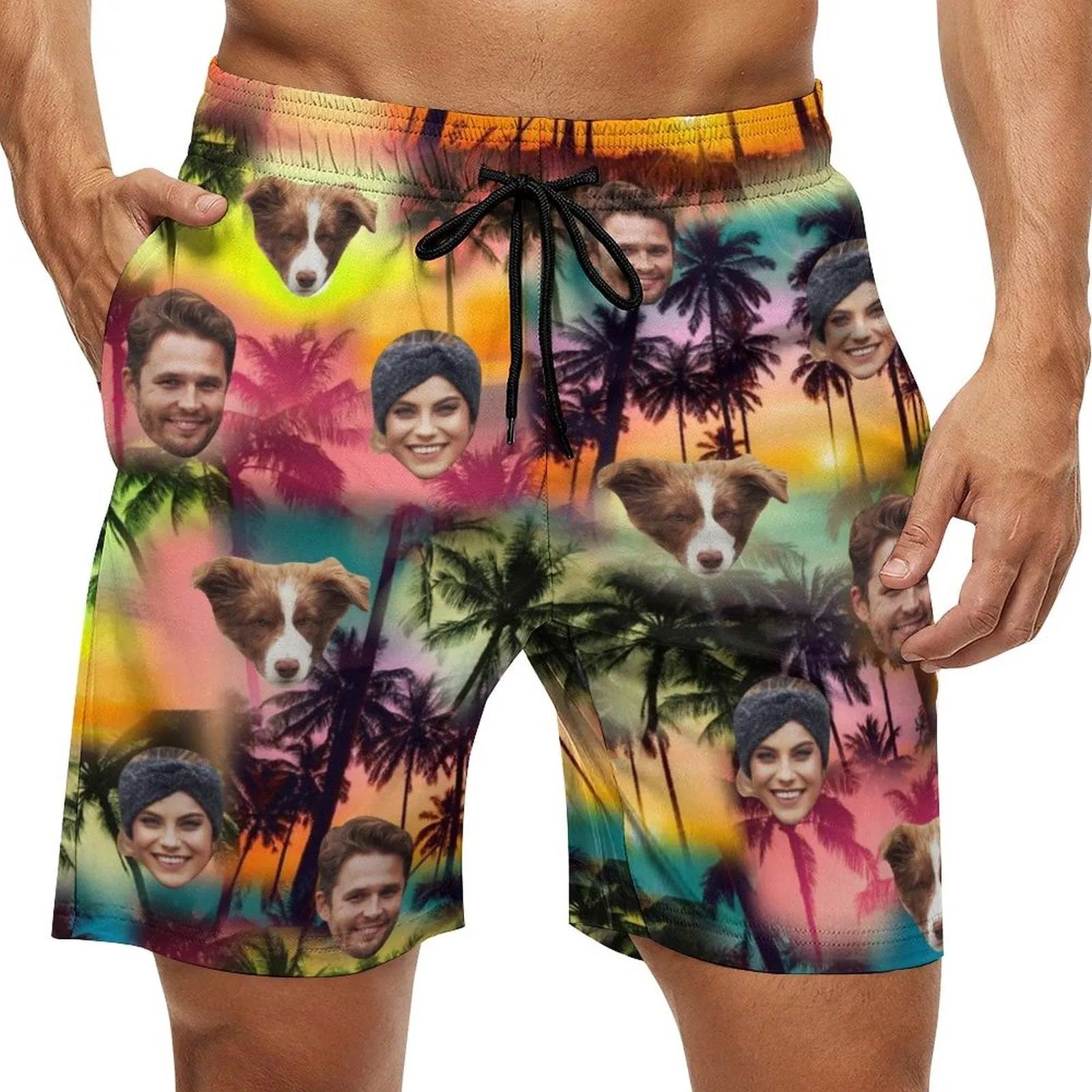 Custom Family Face Coconut Tree Men's Casual Beach Shorts with Drawstring