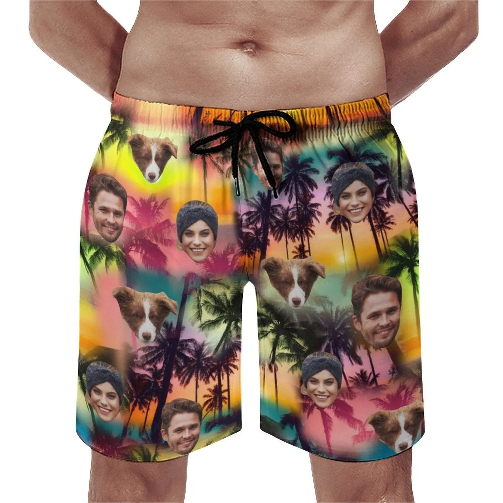 Custom Family Face Coconut Tree Men's Casual Beach Shorts with Drawstring