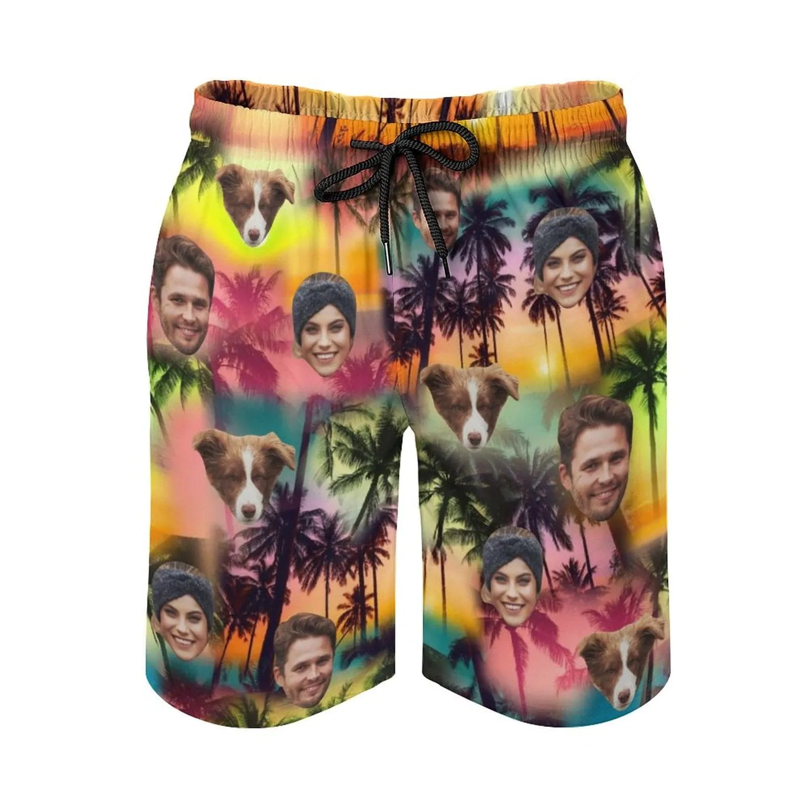 Custom Family Face Coconut Tree Men's Casual Beach Shorts with Drawstring