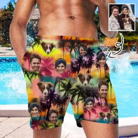 Custom Family Face Coconut Tree Men's Casual Beach Shorts with Drawstring