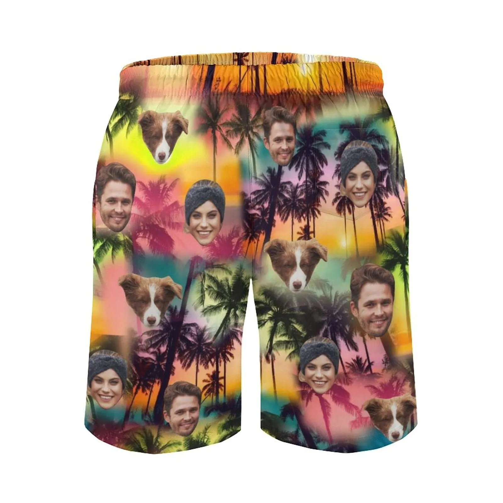 Custom Family Face Coconut Tree Men's Casual Beach Shorts with Drawstring