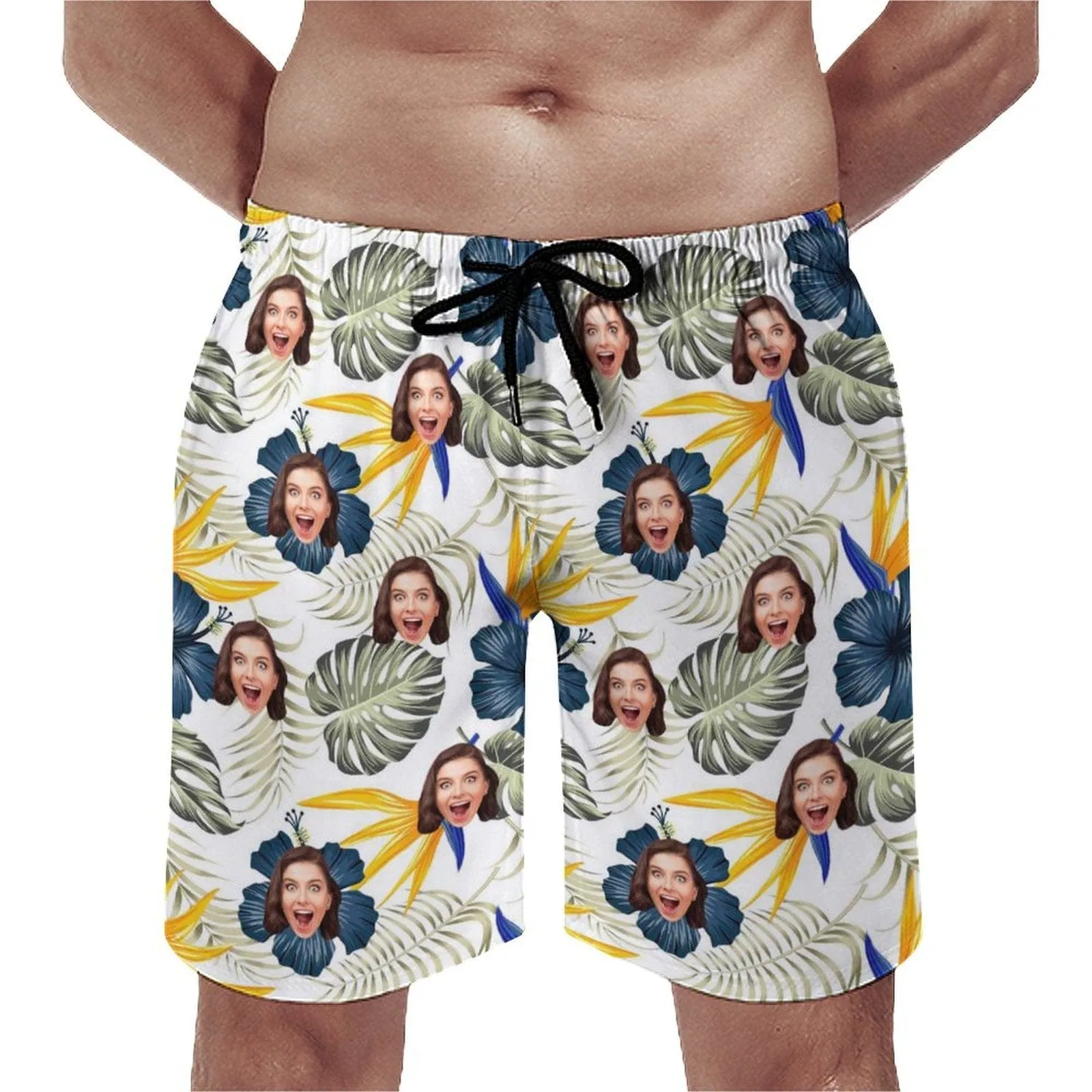 Custom Girlfriend Face Blue Flowers Men's Casual Quick-drying Beach Shorts with Green Leaves