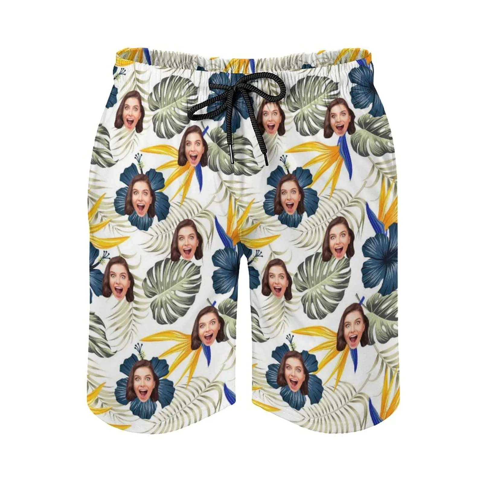 Custom Girlfriend Face Blue Flowers Men's Casual Quick-drying Beach Shorts with Green Leaves