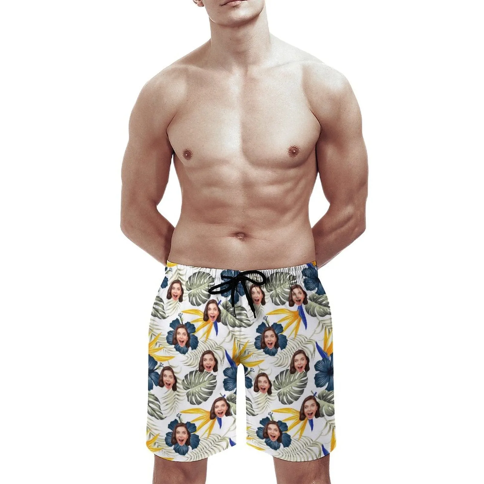 Custom Girlfriend Face Blue Flowers Men's Casual Quick-drying Beach Shorts with Green Leaves