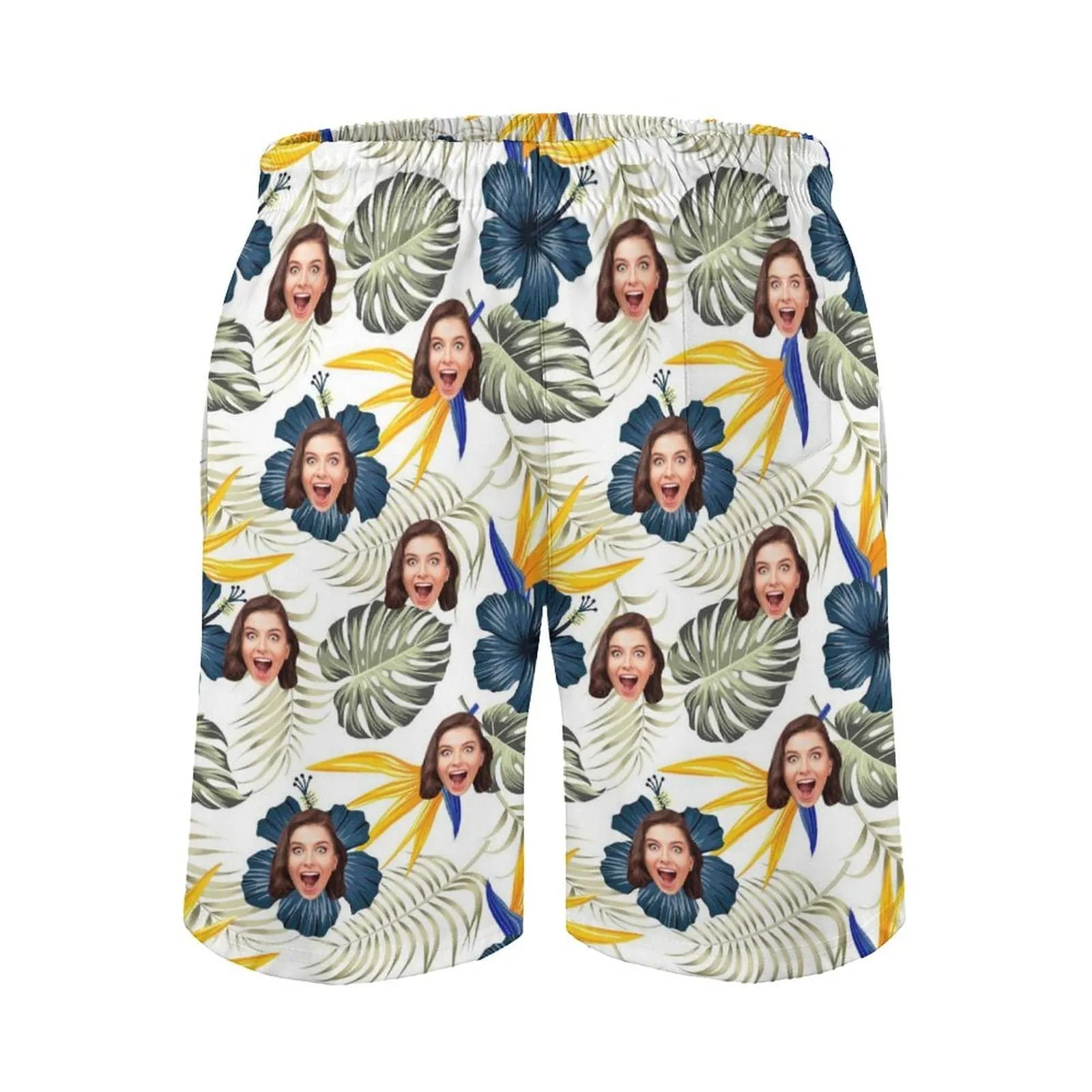 Custom Girlfriend Face Blue Flowers Men's Casual Quick-drying Beach Shorts with Green Leaves