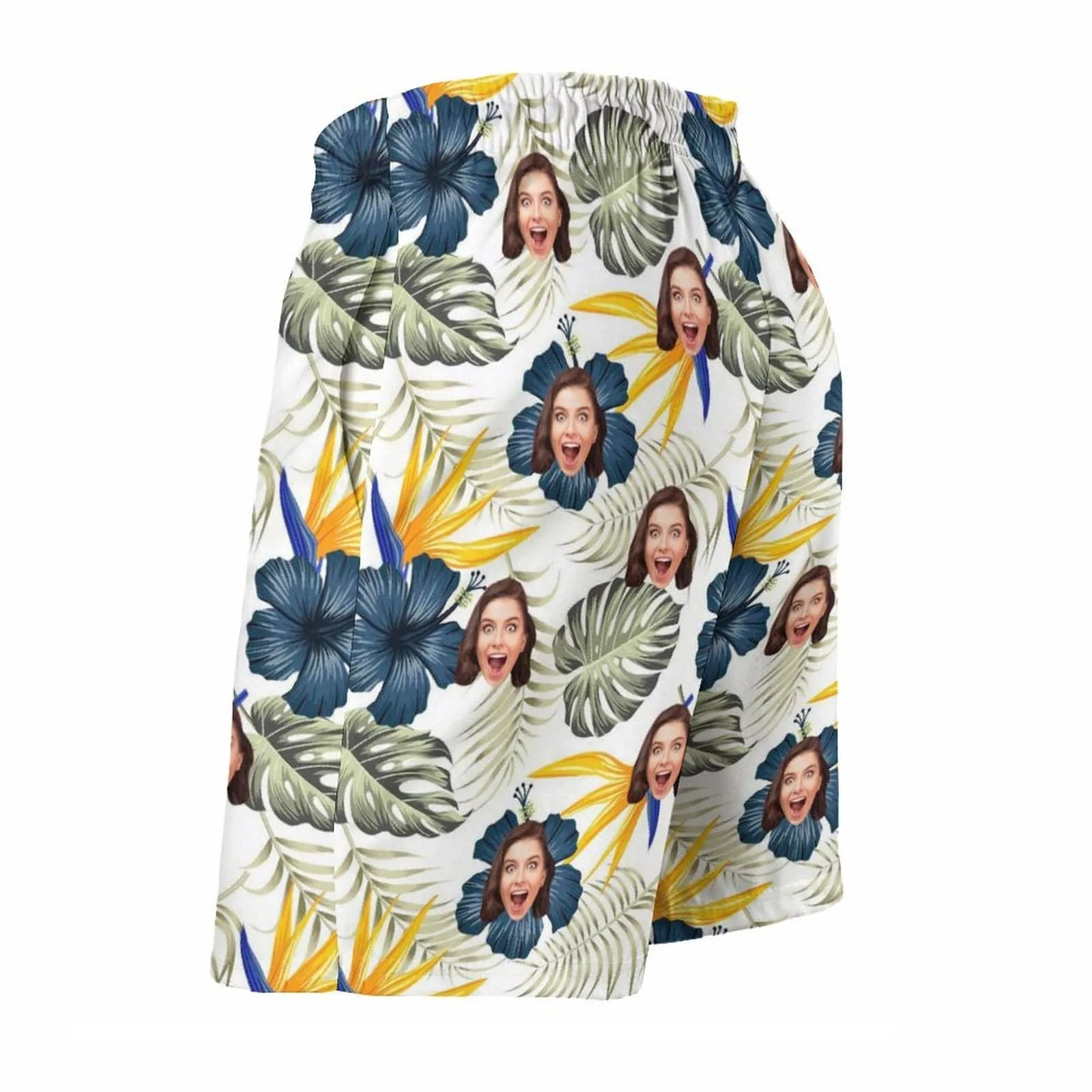 Custom Girlfriend Face Blue Flowers Men's Casual Quick-drying Beach Shorts with Green Leaves