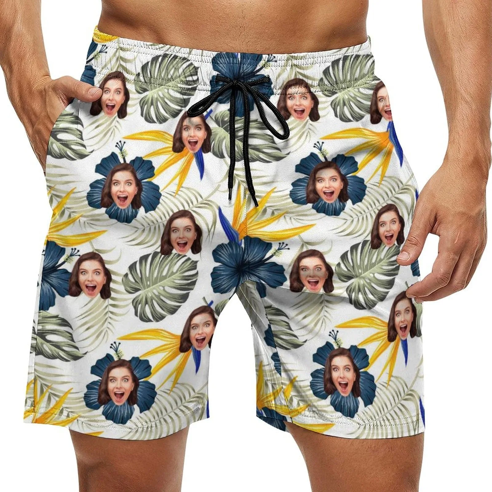 Custom Girlfriend Face Blue Flowers Men's Casual Quick-drying Beach Shorts with Green Leaves