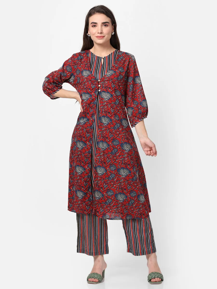 Dark Maroon Floral Printed Kurta Jacket Comfort Pant