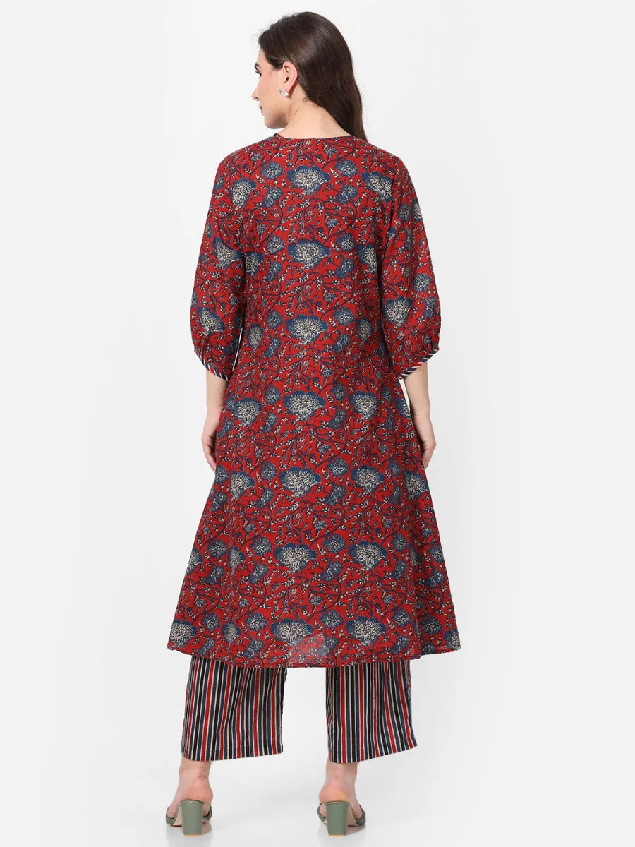 Dark Maroon Floral Printed Kurta Jacket Comfort Pant