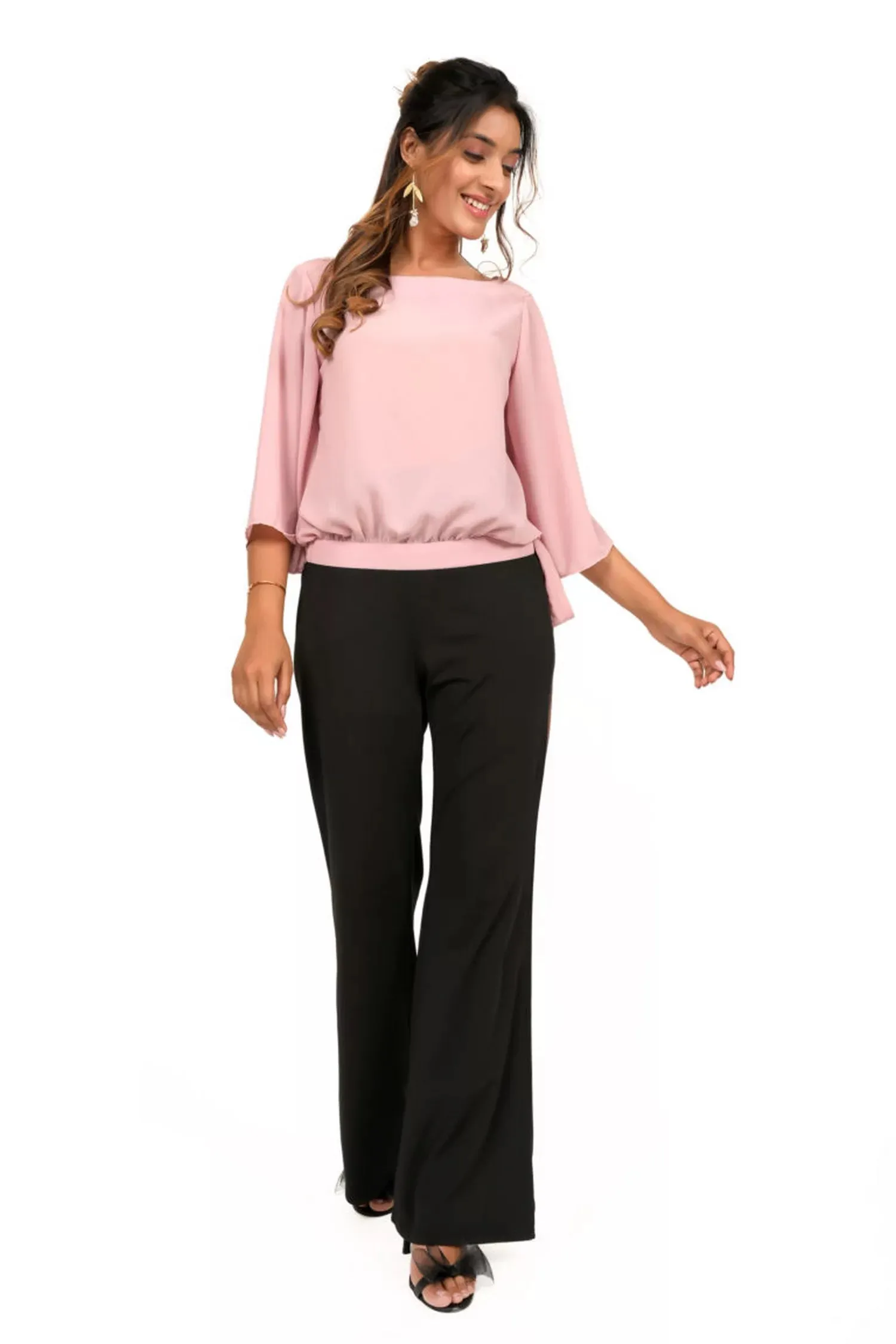 Dusty Pink Bell Sleeve Waist Tie-up Top