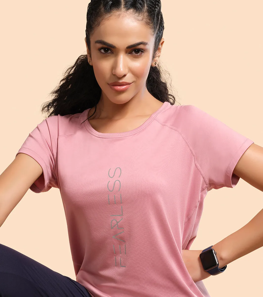 Enamor Active Dry Fit Graphic Tee For Women | Basic T-Shirt With Raglan Sleeve & Scoop Neck Design | Mauve Love - Fearless Graphic