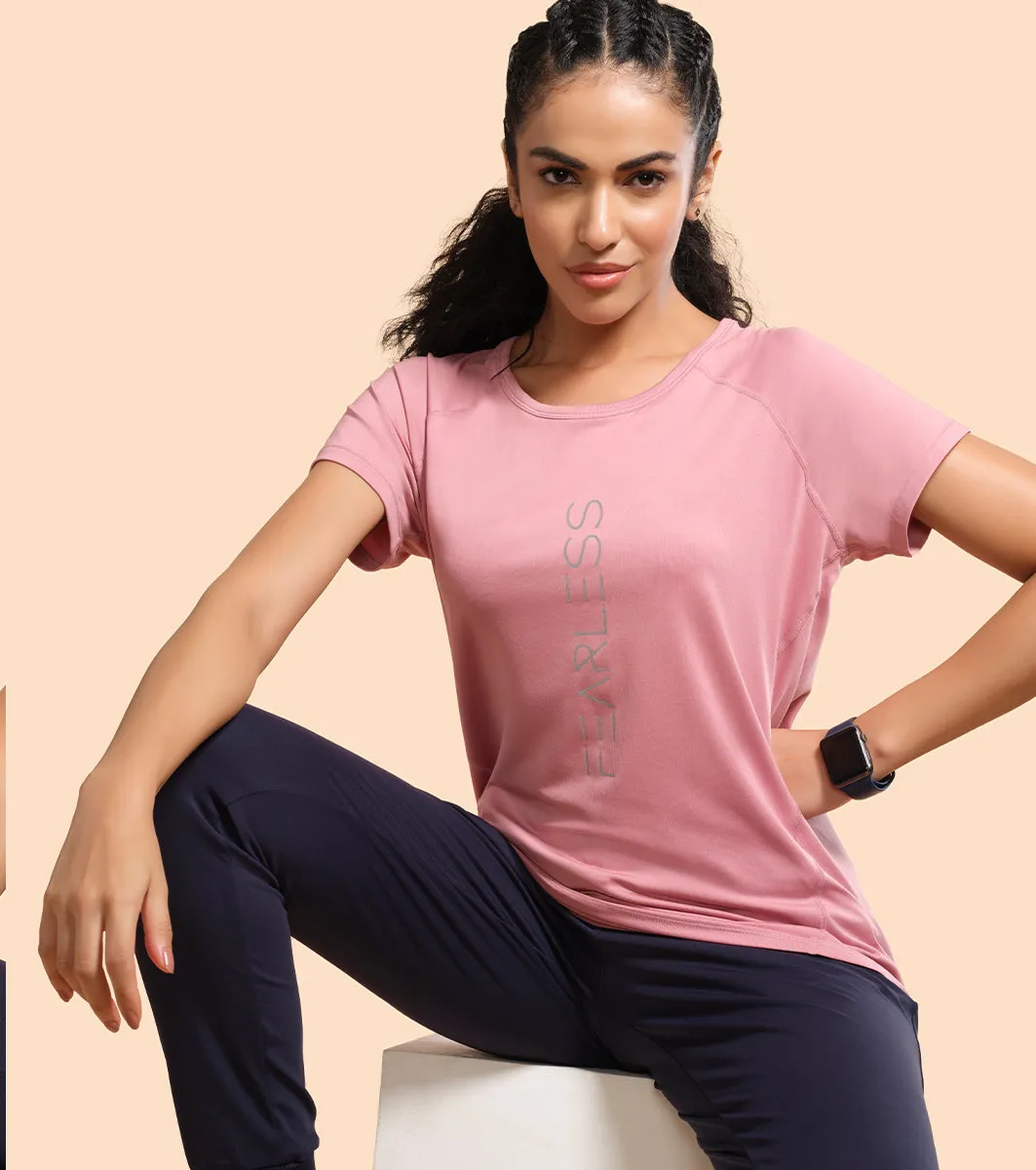 Enamor Active Dry Fit Graphic Tee For Women | Basic T-Shirt With Raglan Sleeve & Scoop Neck Design | Mauve Love - Fearless Graphic