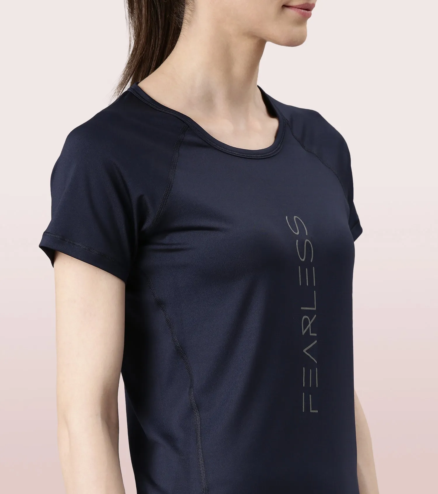 Enamor Active Dry Fit Graphic Tee For Women | Basic T-Shirt With Raglan Sleeve & Scoop Neck Design | Mauve Love - Fearless Graphic