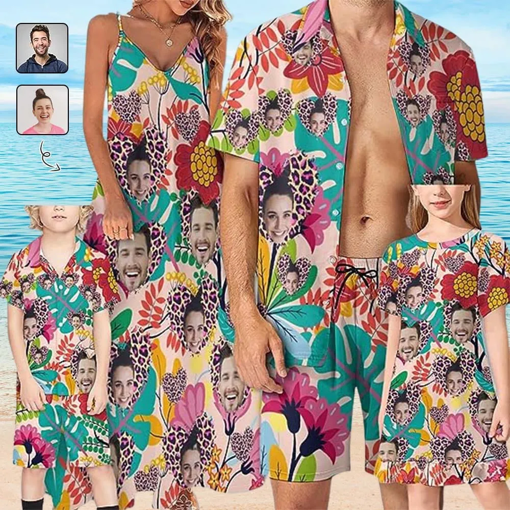 Family Hawaiian Dress Set Cruise Outfit Custom Face Floral Leopard Colorful Hawaiian Shirt Set&Dress