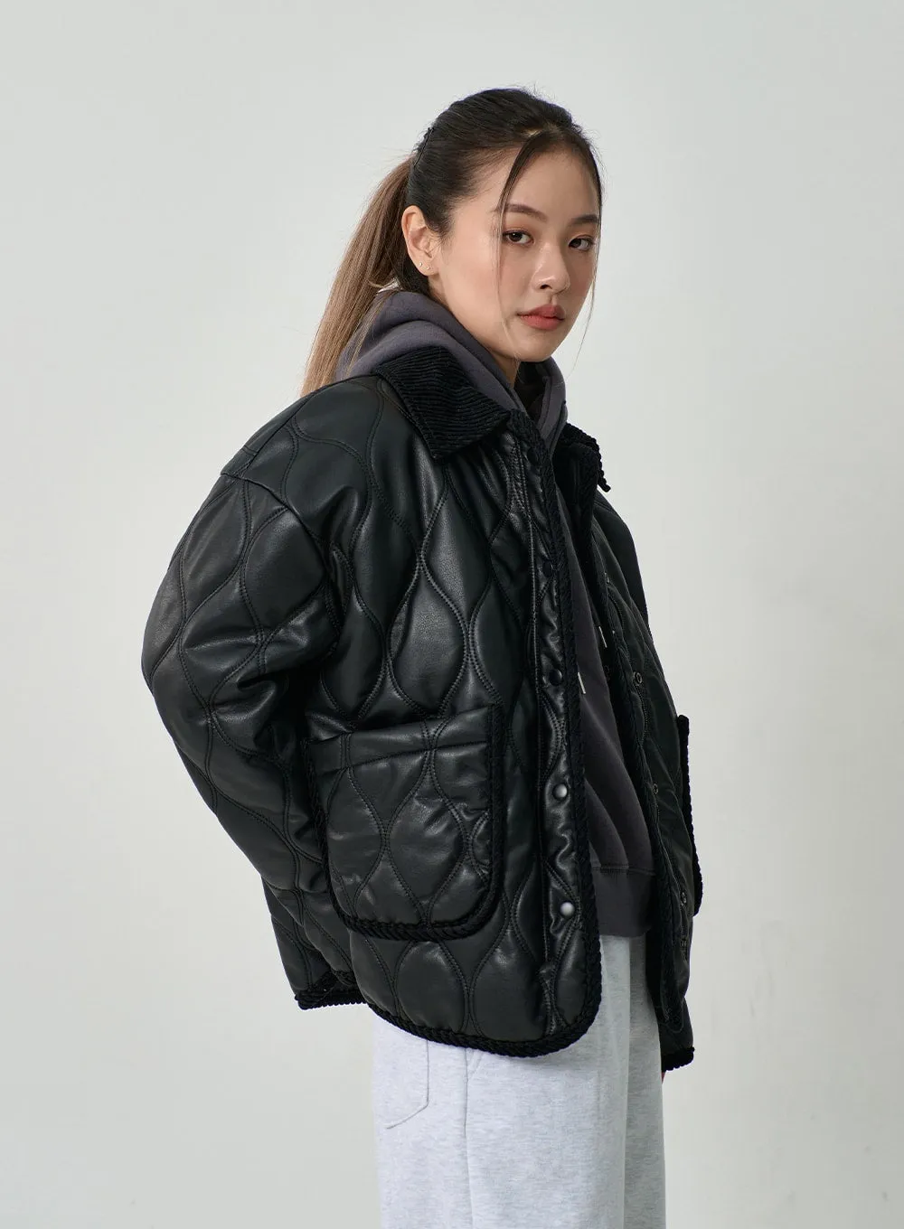 Faux Leather Button Puffer Jacket CD19