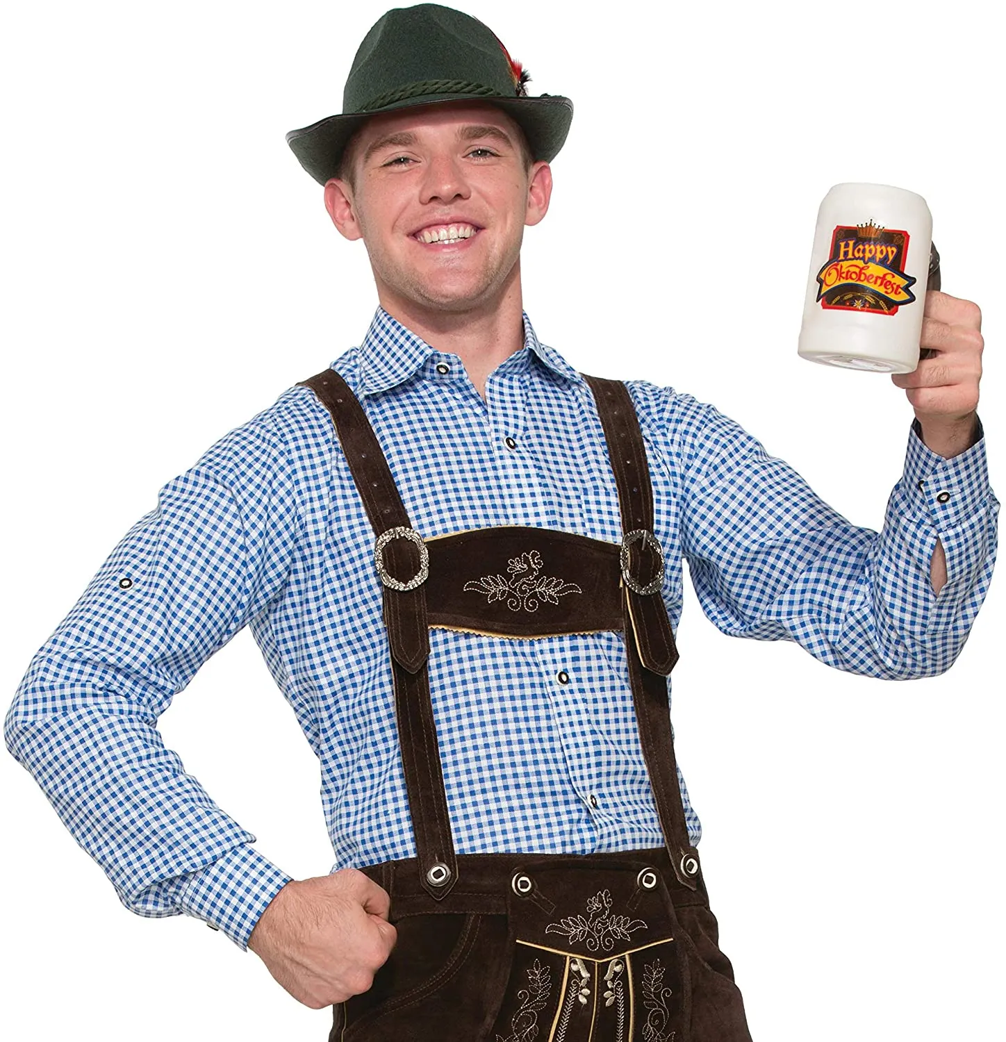 German Alpine Oktoberfest Lederhosen Mens Blue Shirt Adult XLG Costume