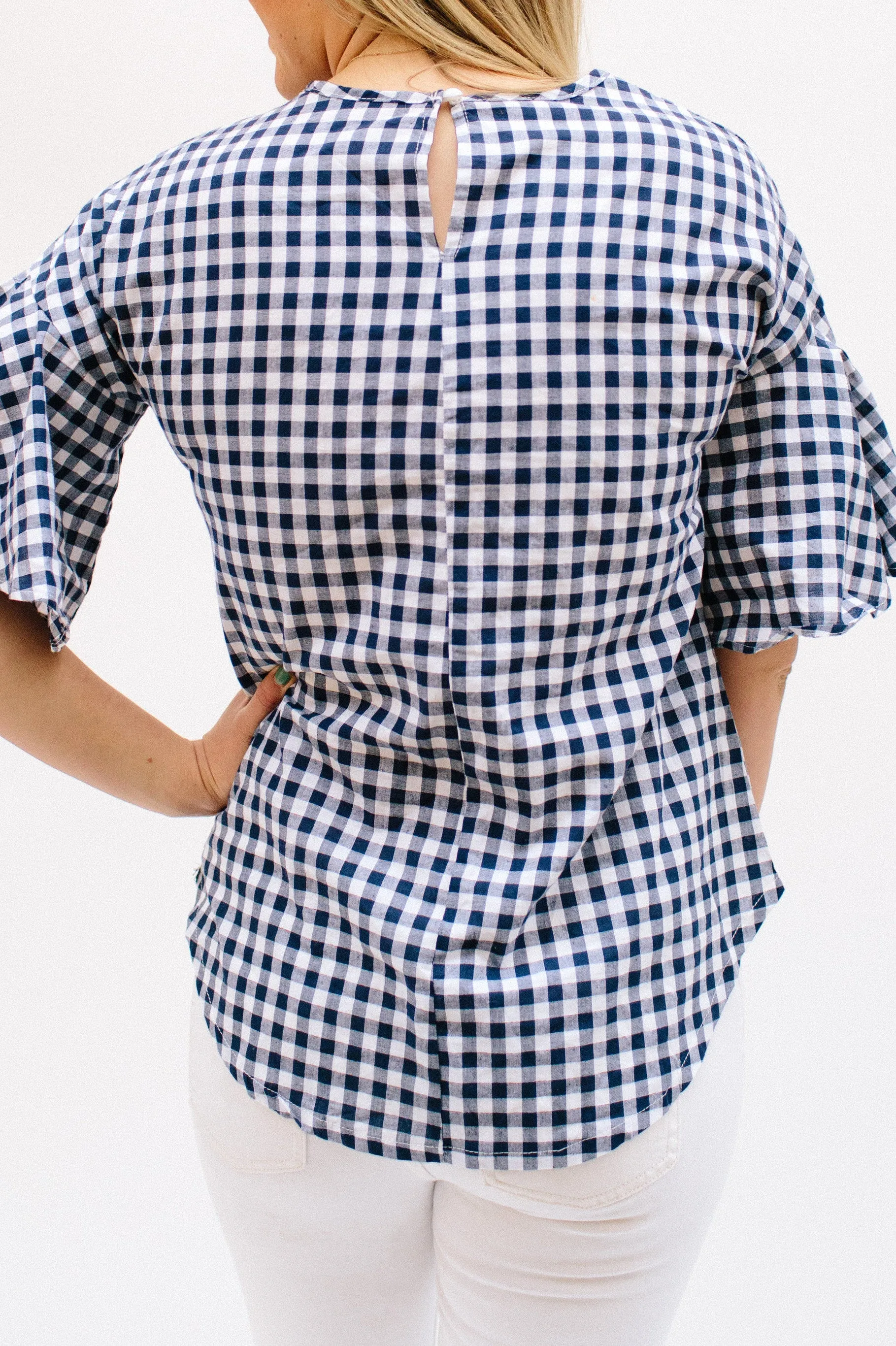 Gingham Top with Flutter Sleeves: Navy