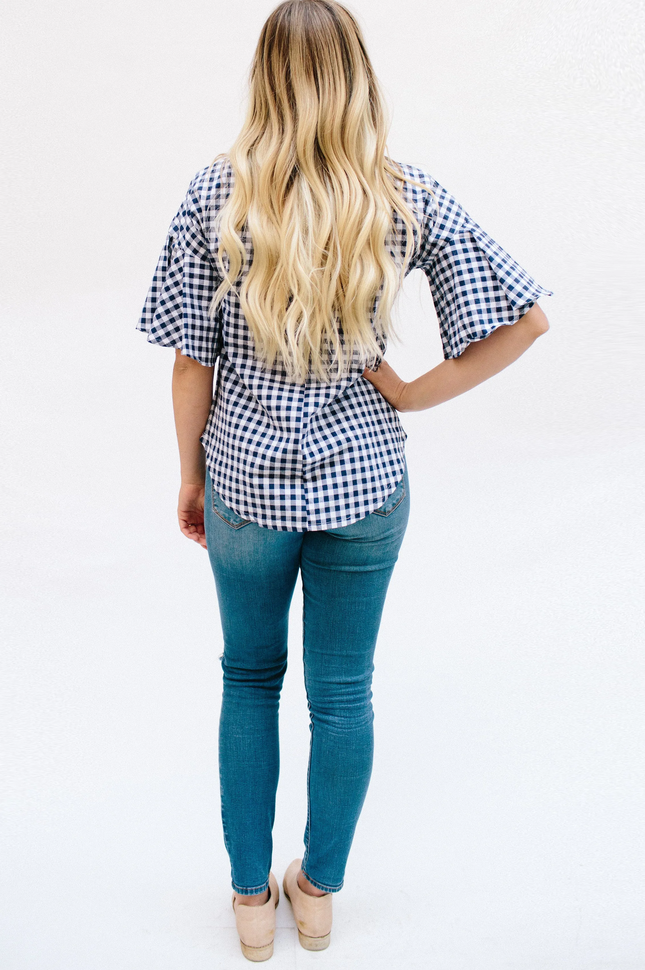 Gingham Top with Flutter Sleeves: Navy