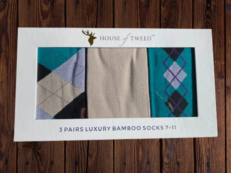 House of Tweed Luxury Mens Bamboo Socks | 3 Pairs Argyle