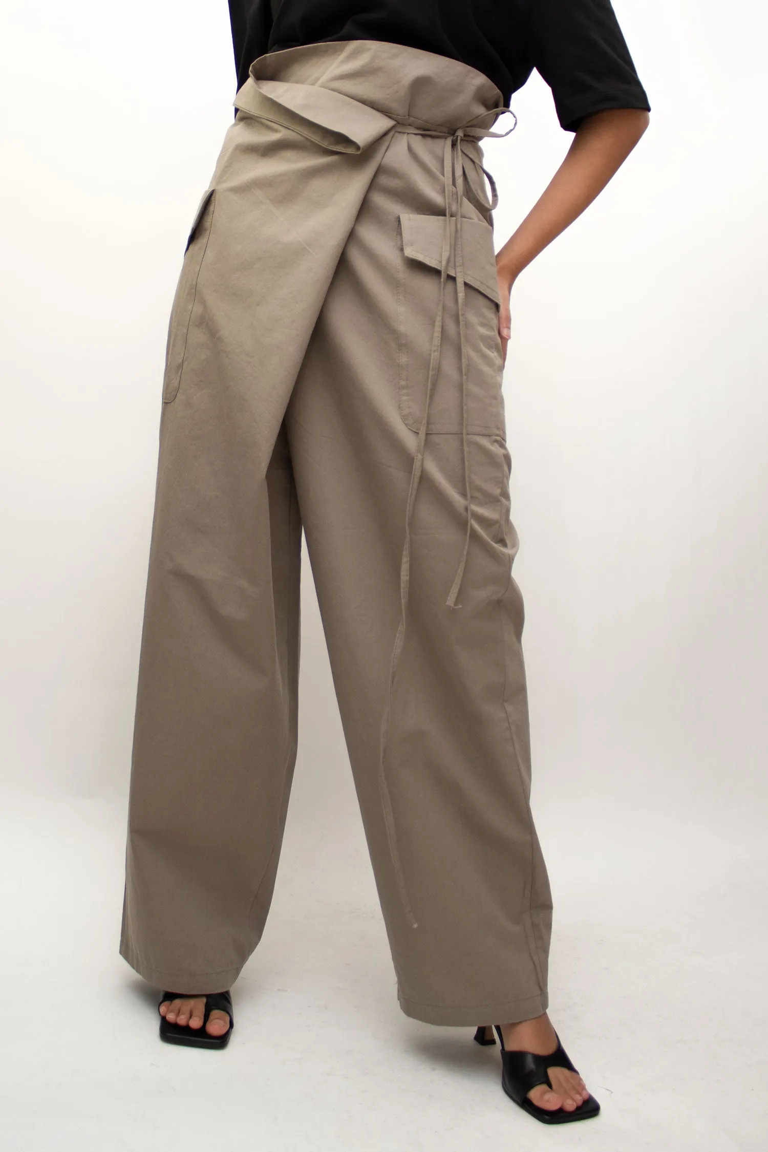 Khaki Wide Cargo Wrapped Pants