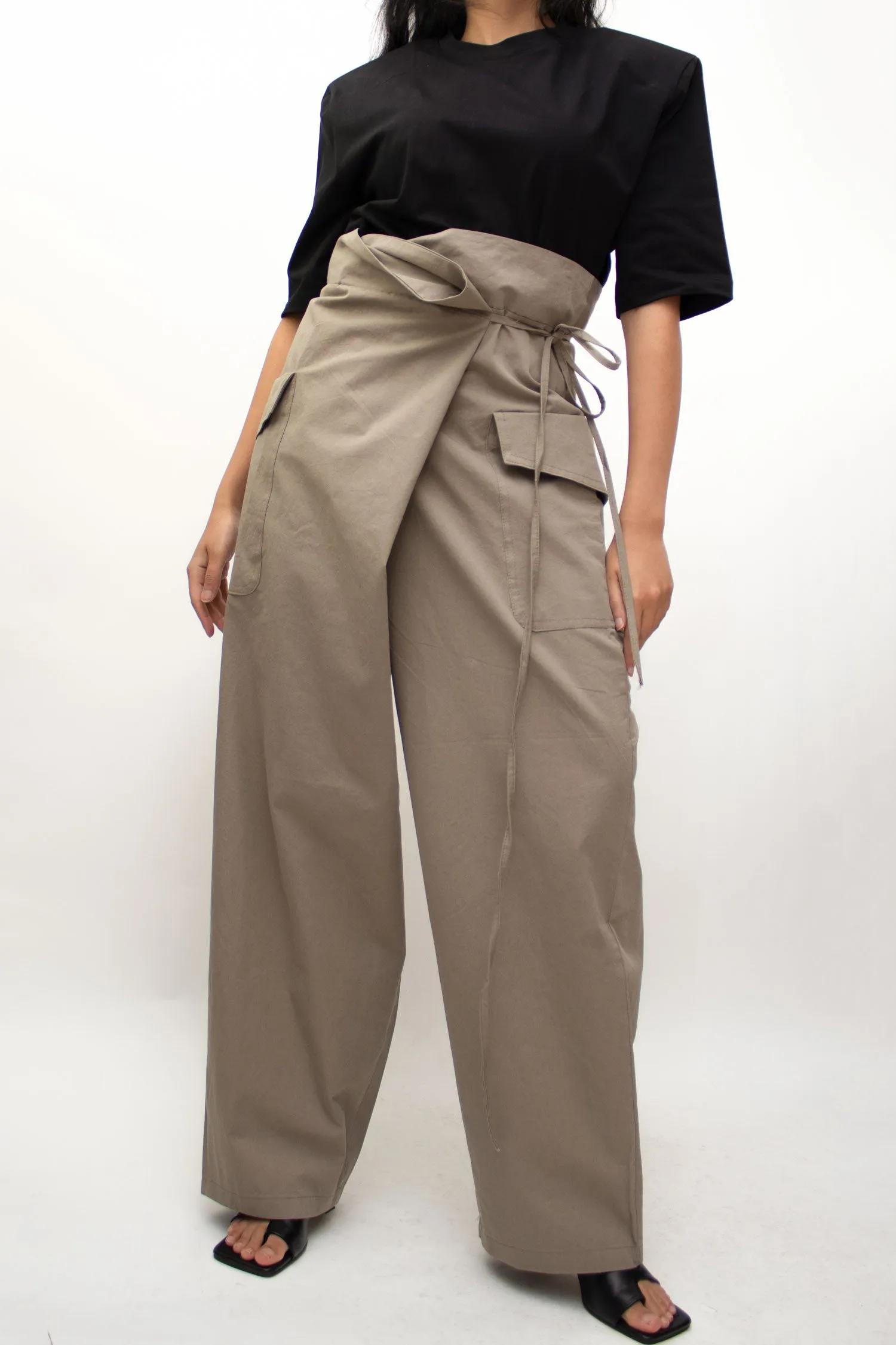 Khaki Wide Cargo Wrapped Pants