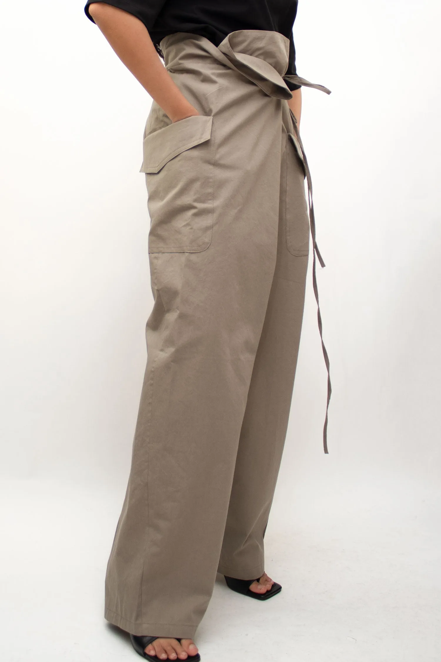 Khaki Wide Cargo Wrapped Pants