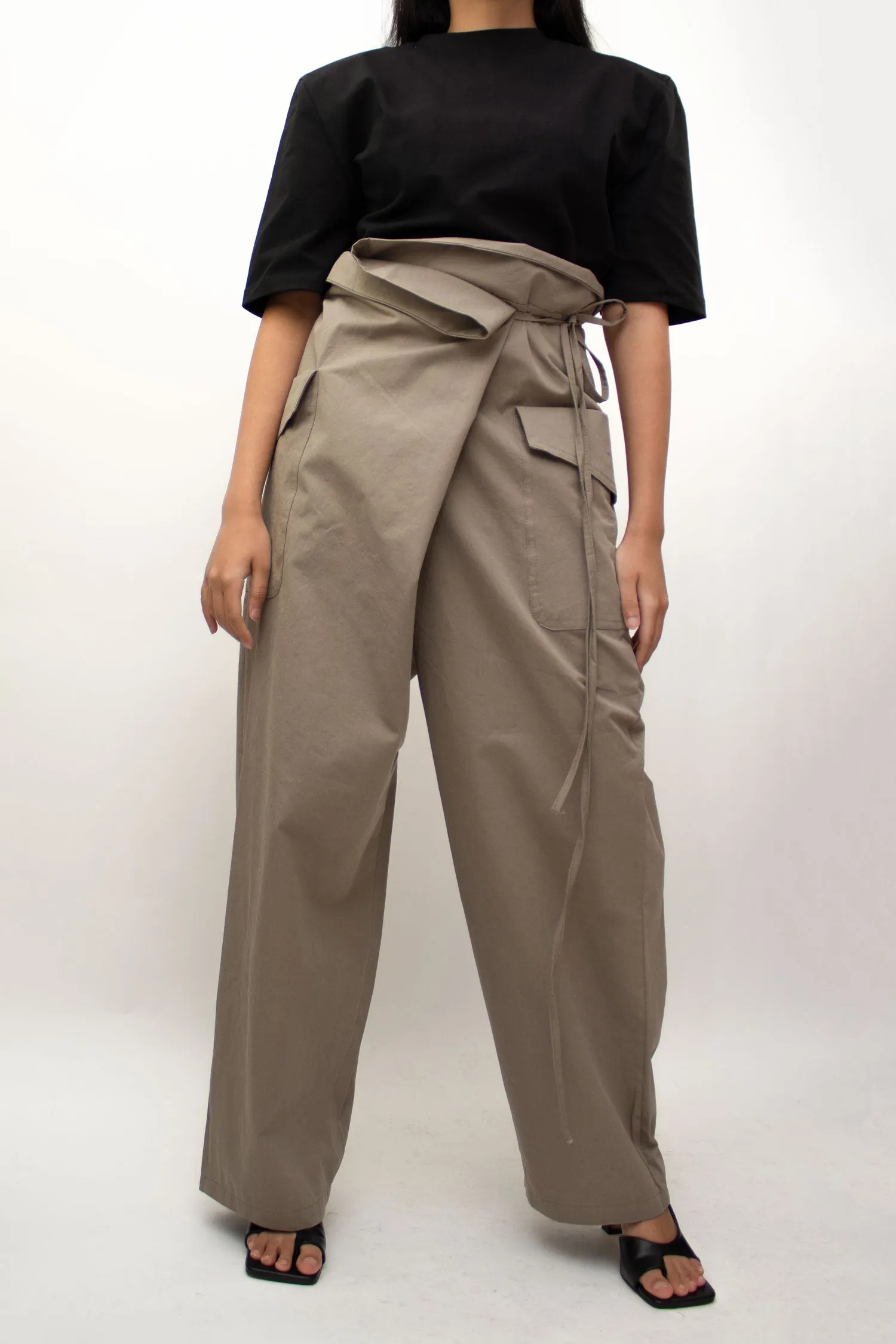 Khaki Wide Cargo Wrapped Pants