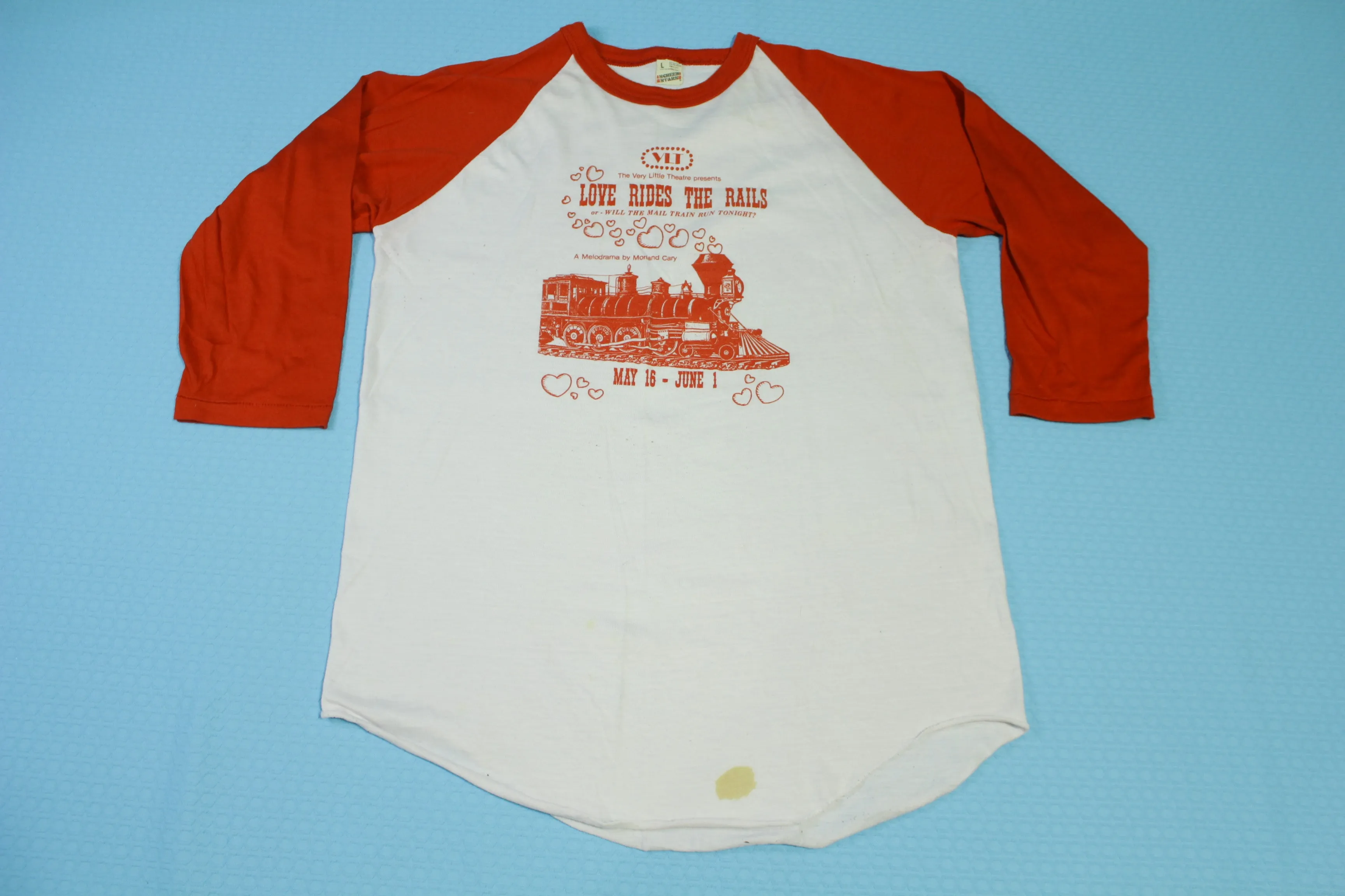 Love Rides The Rails Vintage 80's Very Little Theatre Will The Mail Train Run Tonight Raglan T-Shirt