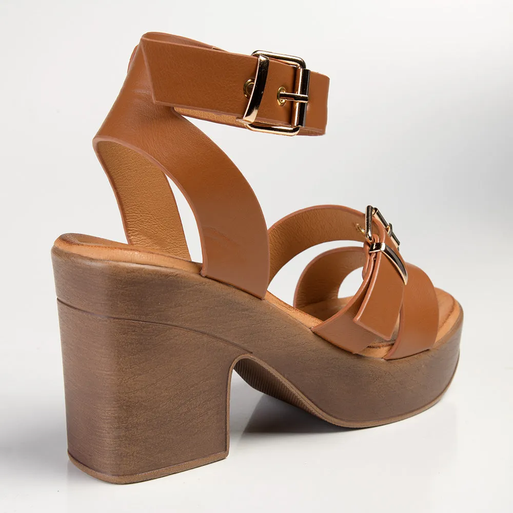 Madison Annie Clog Ankle Buckle Sandal - Tan