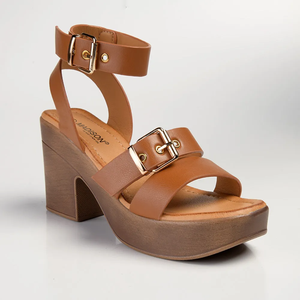 Madison Annie Clog Ankle Buckle Sandal - Tan