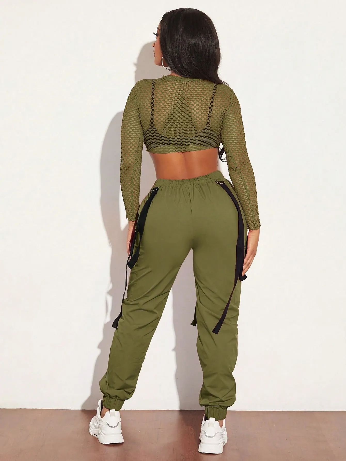 Mesh Crop Top Cargo Pants Set Without Bra