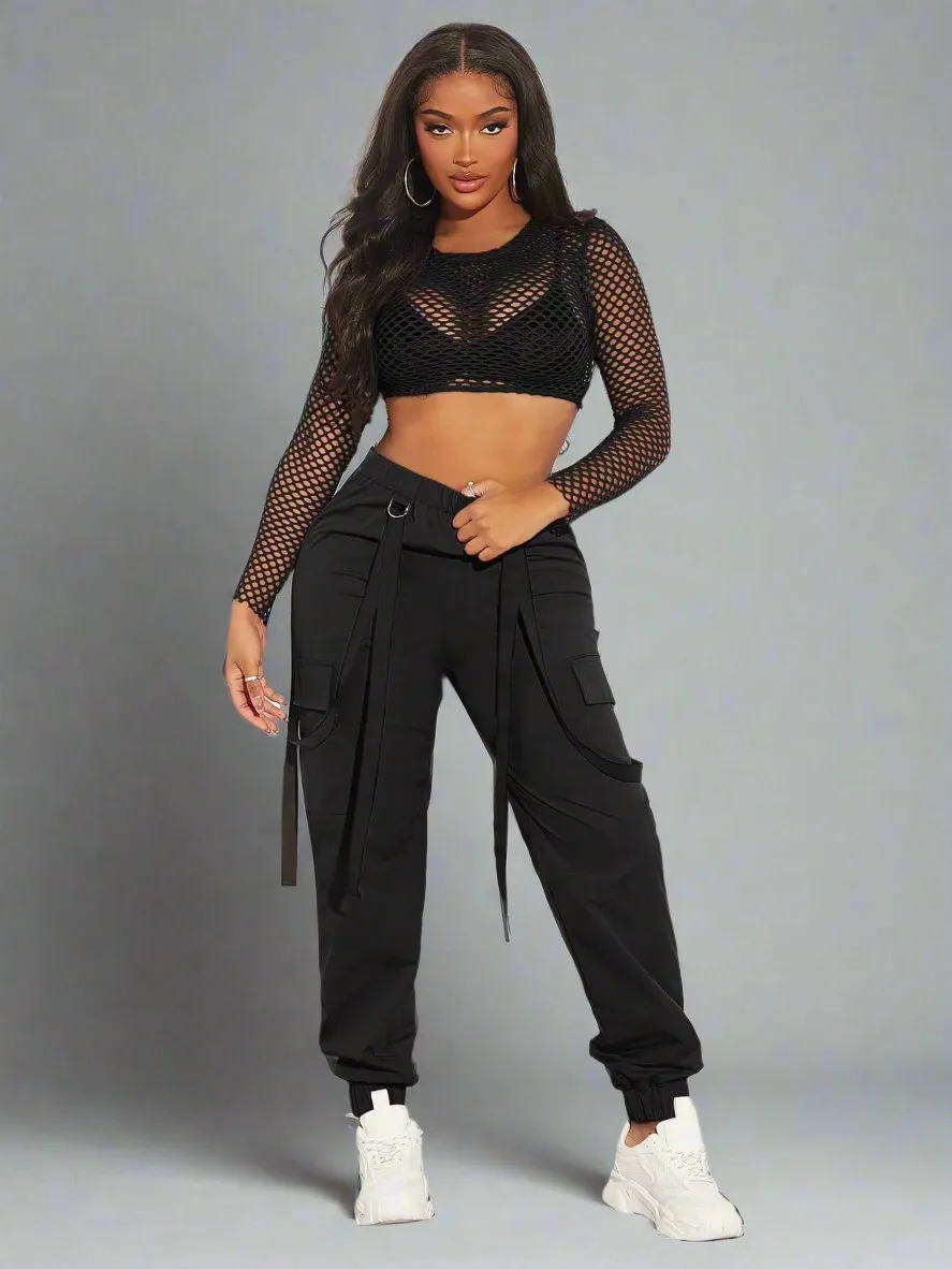 Mesh Crop Top Cargo Pants Set Without Bra