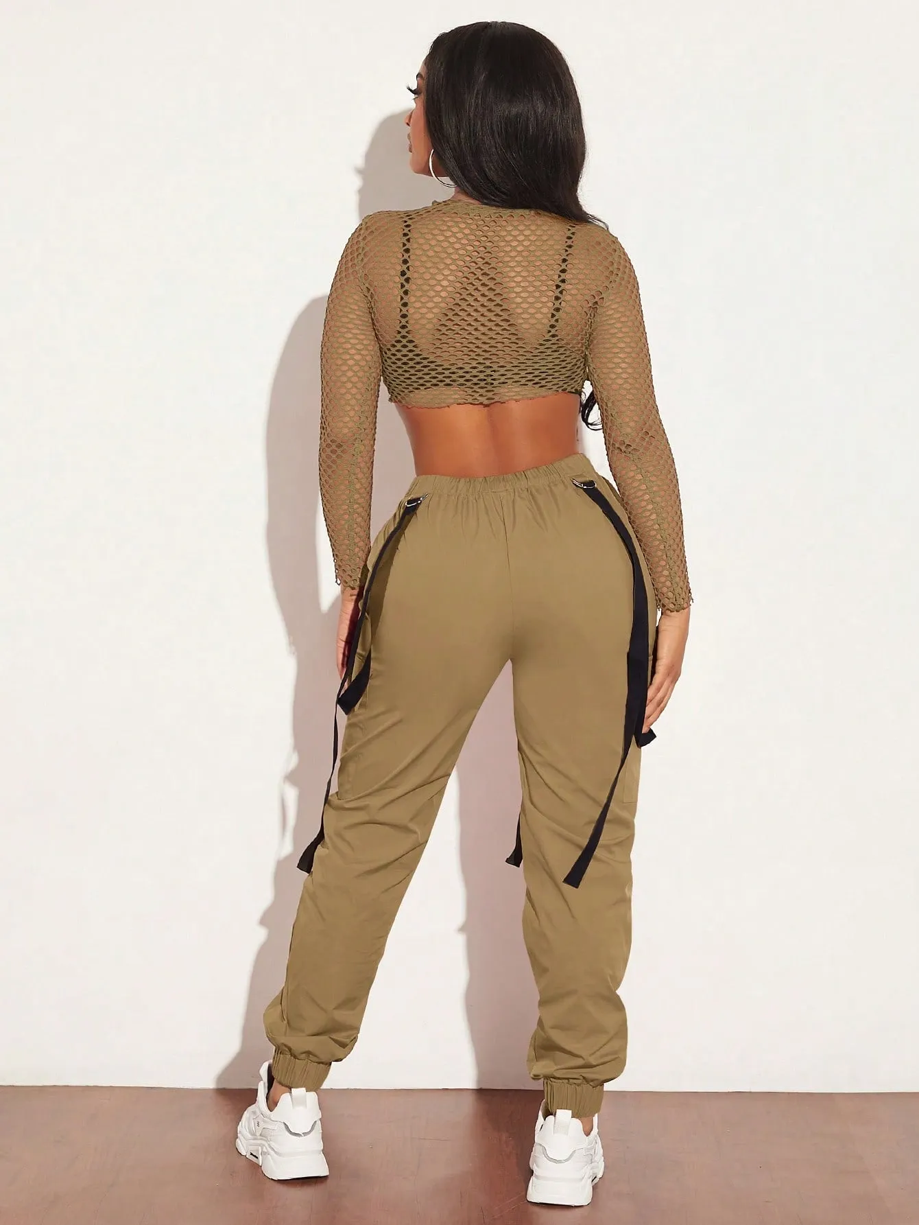 Mesh Crop Top Cargo Pants Set Without Bra