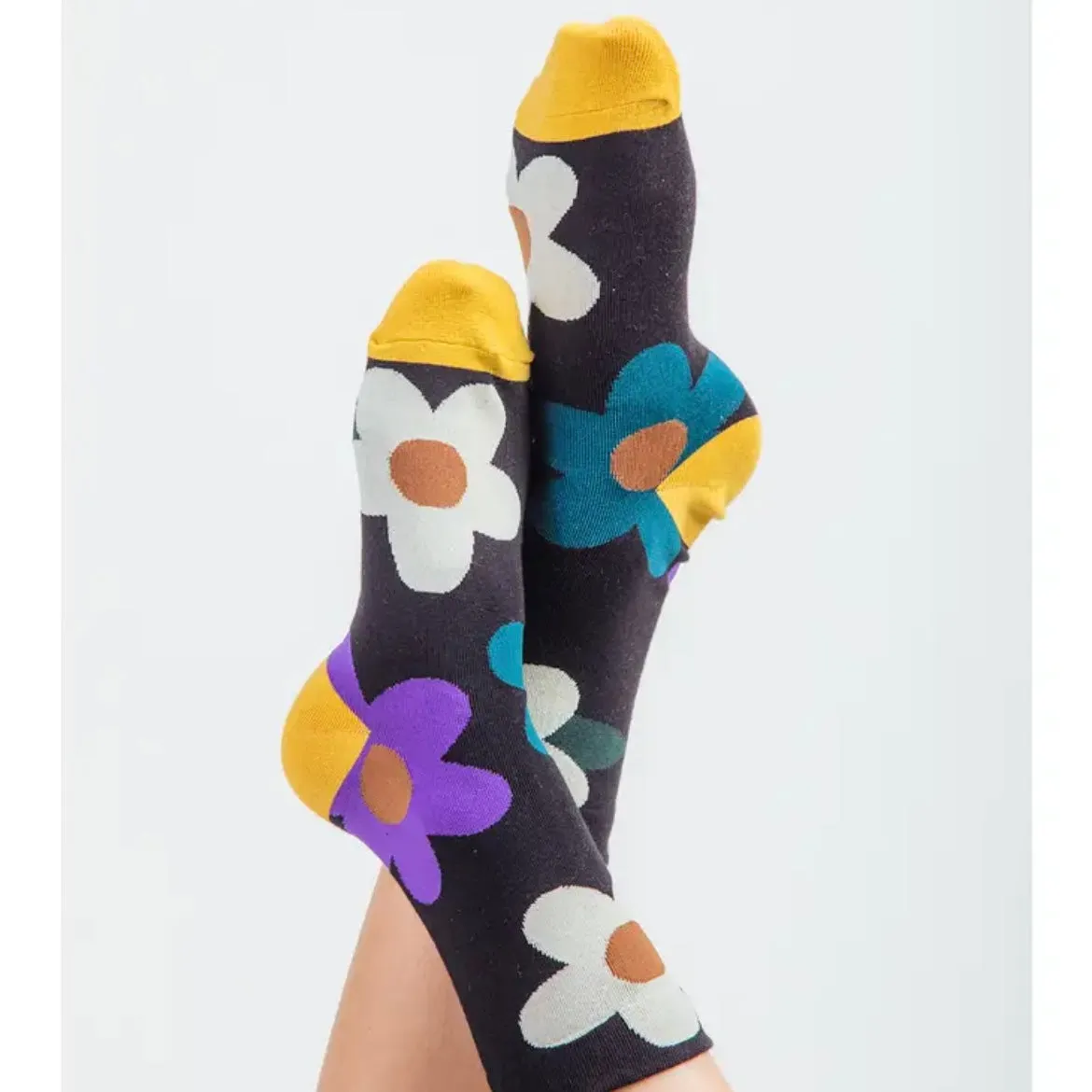 Multi Color Floral Print Socks - Black