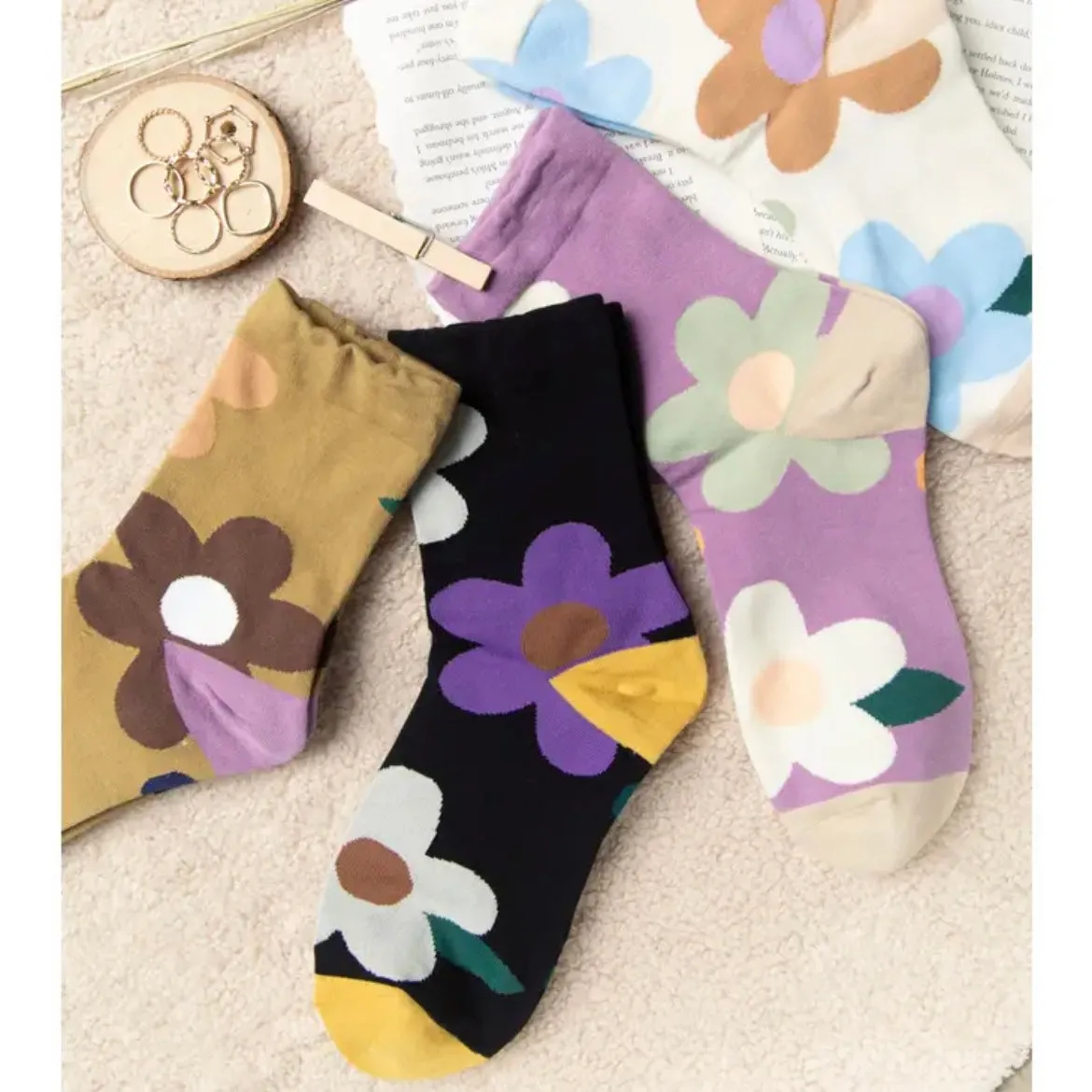 Multi Color Floral Print Socks - Black