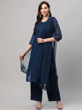 Navy Embroidered Kurta Comfort Pant Dupatta