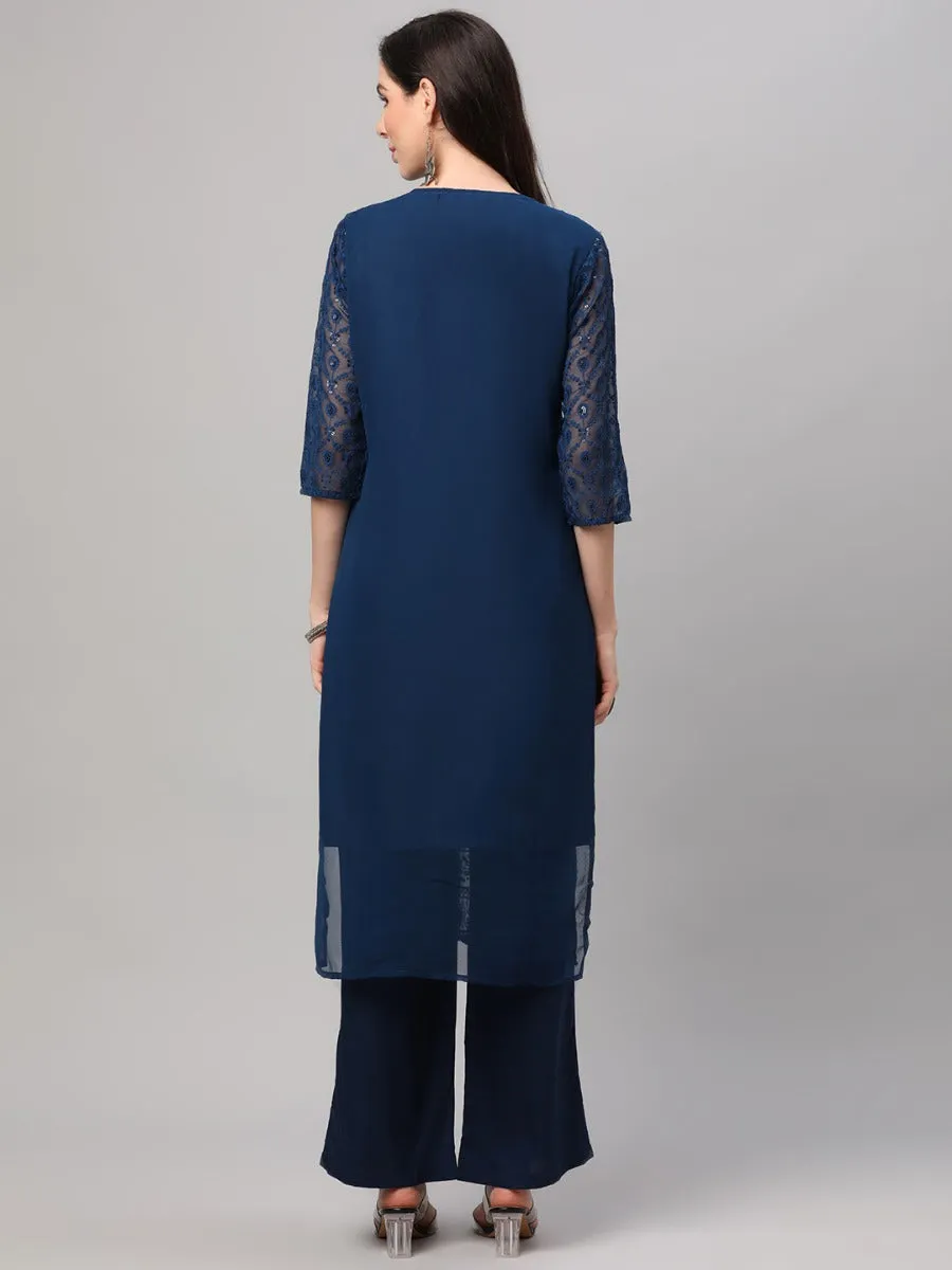 Navy Embroidered Kurta Comfort Pant Dupatta