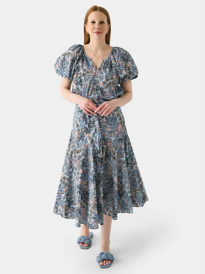 Never a Wallflower Prairie Midi Skirt - Blue Floral