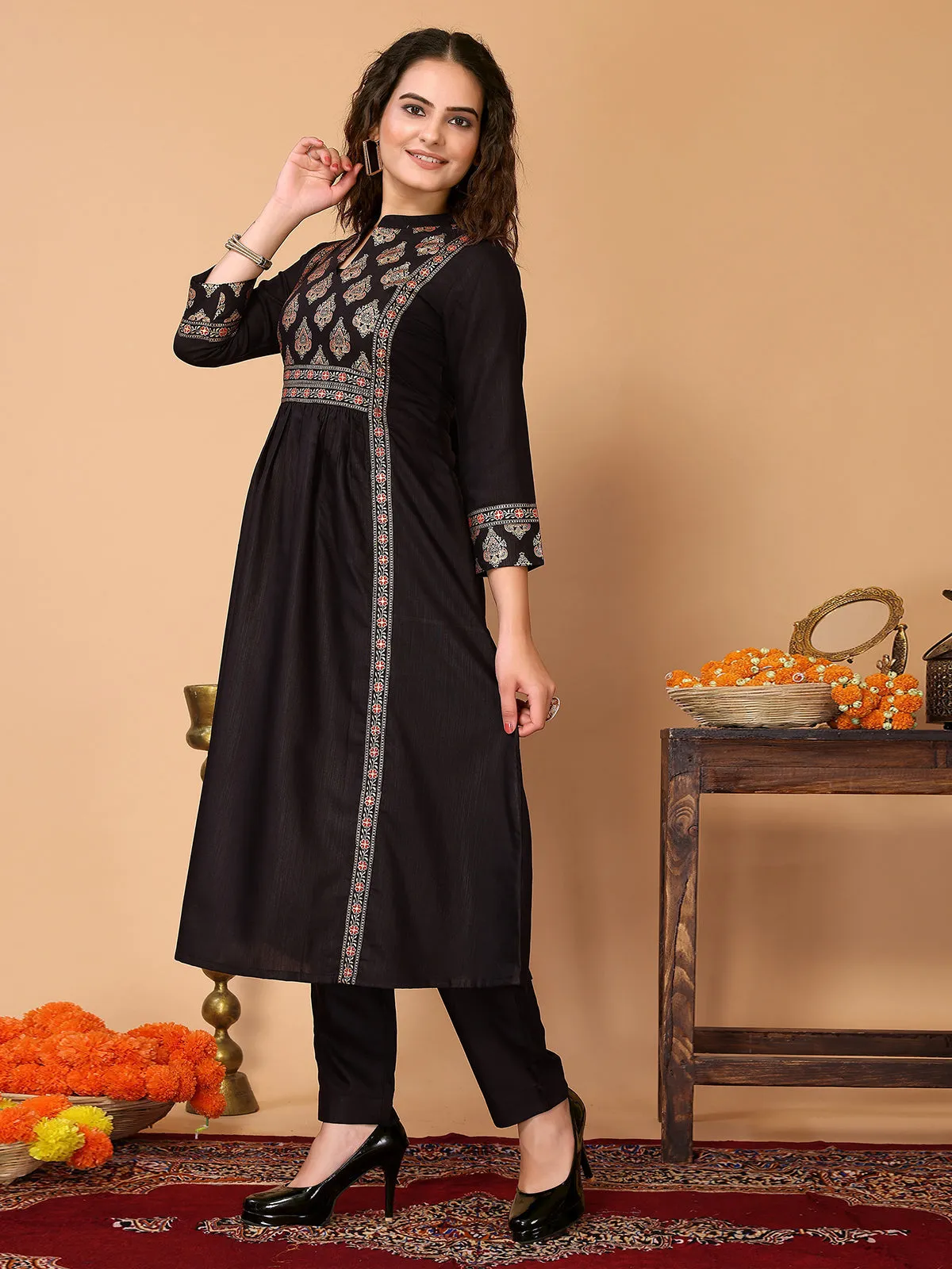 Odette Black Cotton Blend Printed A Line Kurta Set For Women